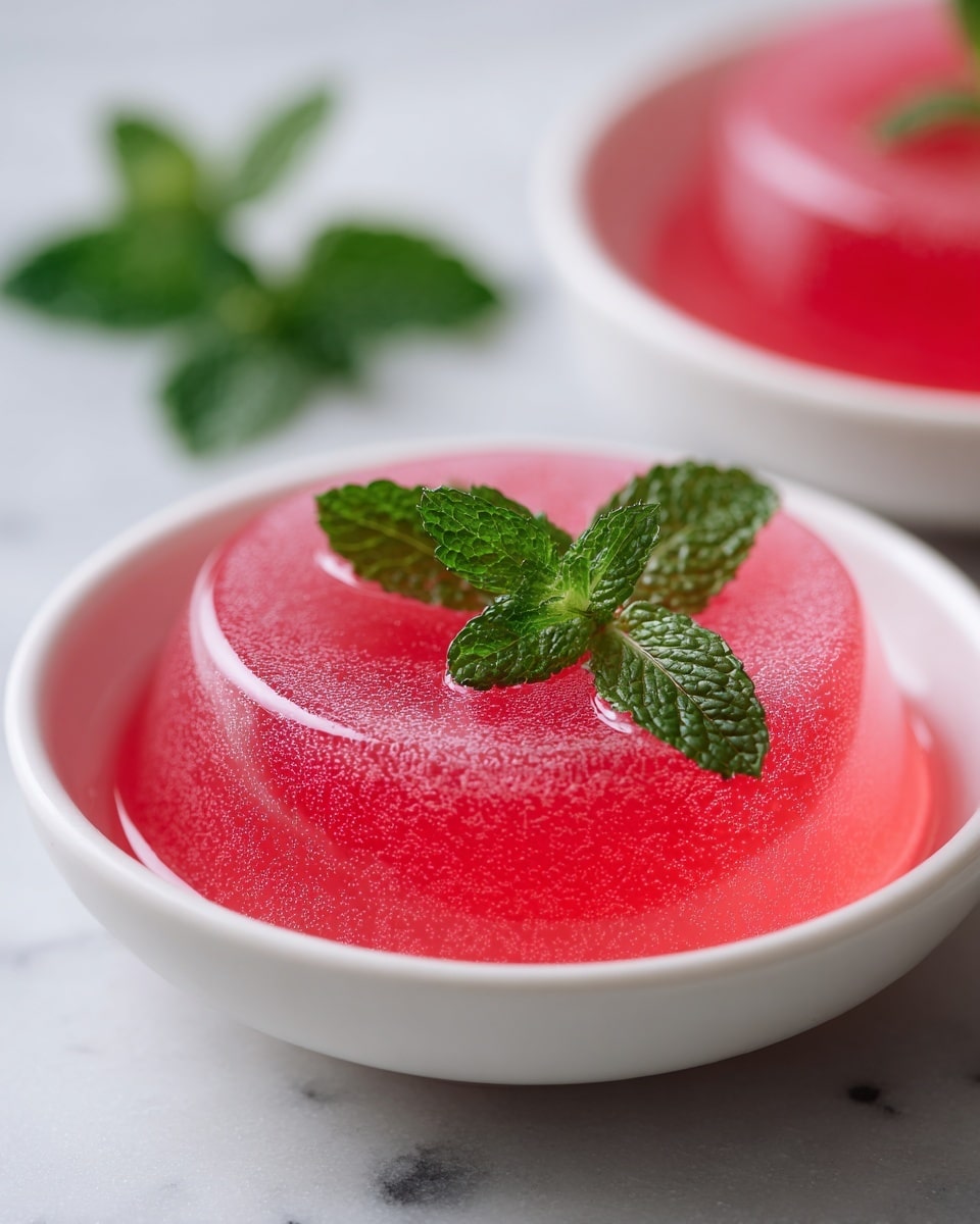 The image shows a white bowl filled with a thick, smooth red jelly-like dessert with a shiny surface. On top, there is a small sprig of fresh green mint leaves as decoration. The bowl is placed on a white marbled surface with a few green leaves blurred in the background. photo taken with an iphone --ar 4:5 --v 7