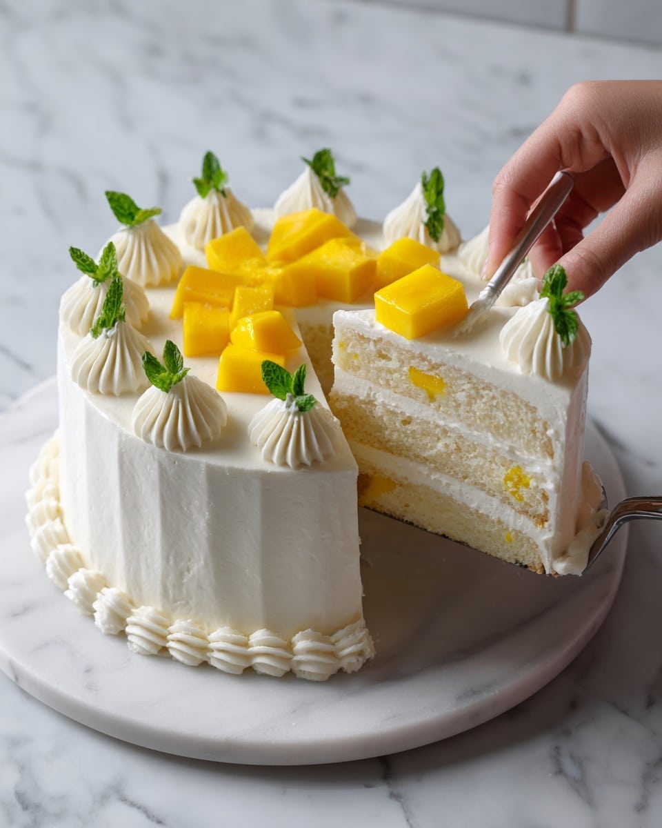 A tall round cake covered fully in smooth white cream frosting sits on a white marble plate. Around the base is a thick border made of piped cream with ridged texture. The top layer features eight white piped cream dollops evenly spaced around the edge, each topped with a small green mint leaf. Three large bright yellow mango cubes rest in the center of the cake, adding a pop of color. One slice is being lifted with a metal cake server, showing the inside with three layers of light yellow sponge cake separated by two layers of white cream and small pieces of mango embedded in the cream layers. A woman's hand gently touches one mango cube on the cake slice. The scene is set on a white marbled and tiled surface with soft natural light. photo taken with an iphone --ar 4:5 --v 7