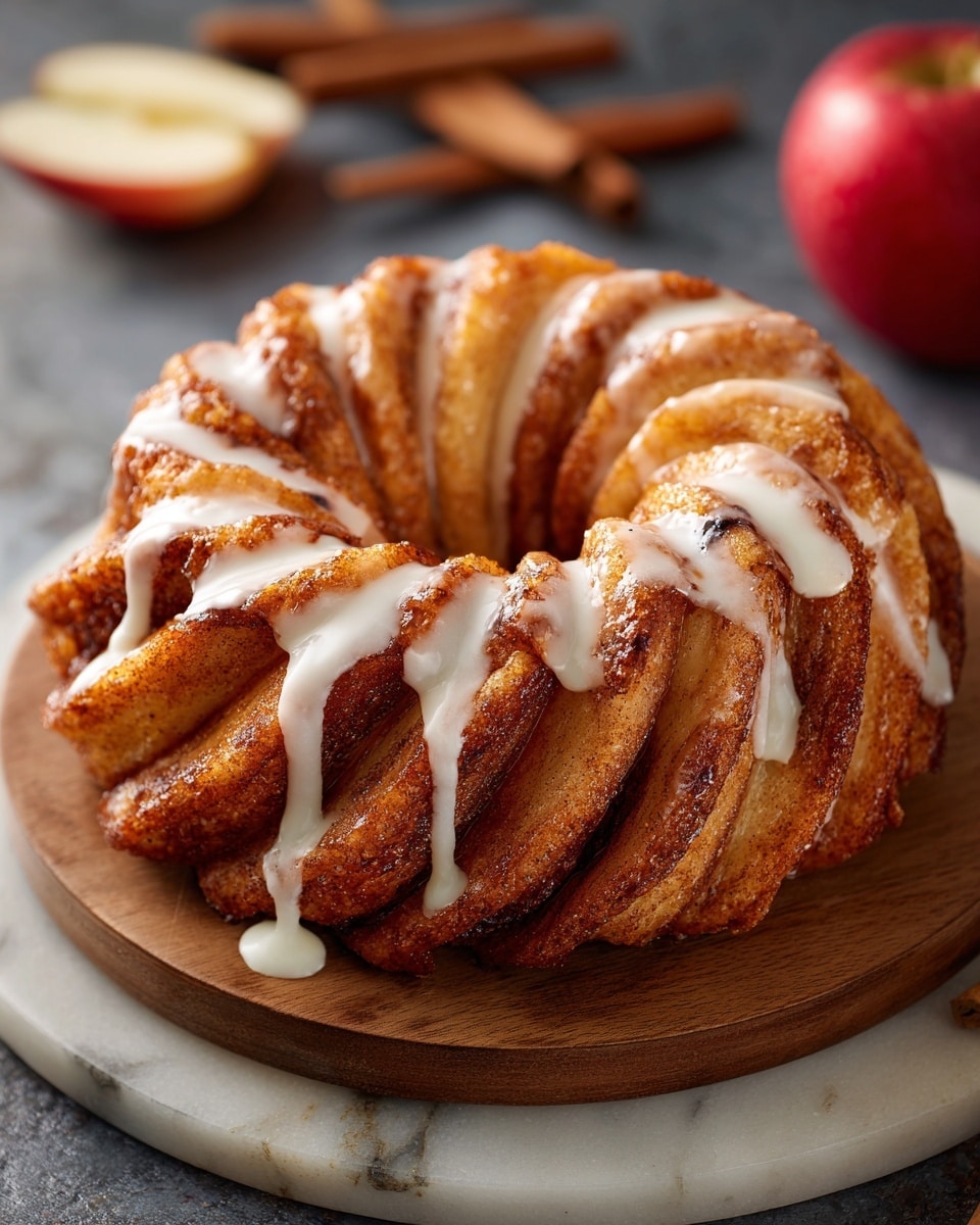 A circular pastry ring with twisted layers of golden brown dough covered in a shiny glaze, decorated with a light drizzle of white icing that follows the curves of each twist; the dough shows a cinnamon-spice speckled surface with soft, flaky texture, all sitting on a dark brown wooden board placed on a white marbled surface. In the background, blurred red apples and sliced apple pieces add a warm tone to the image. photo taken with an iphone --ar 4:5 --v 7