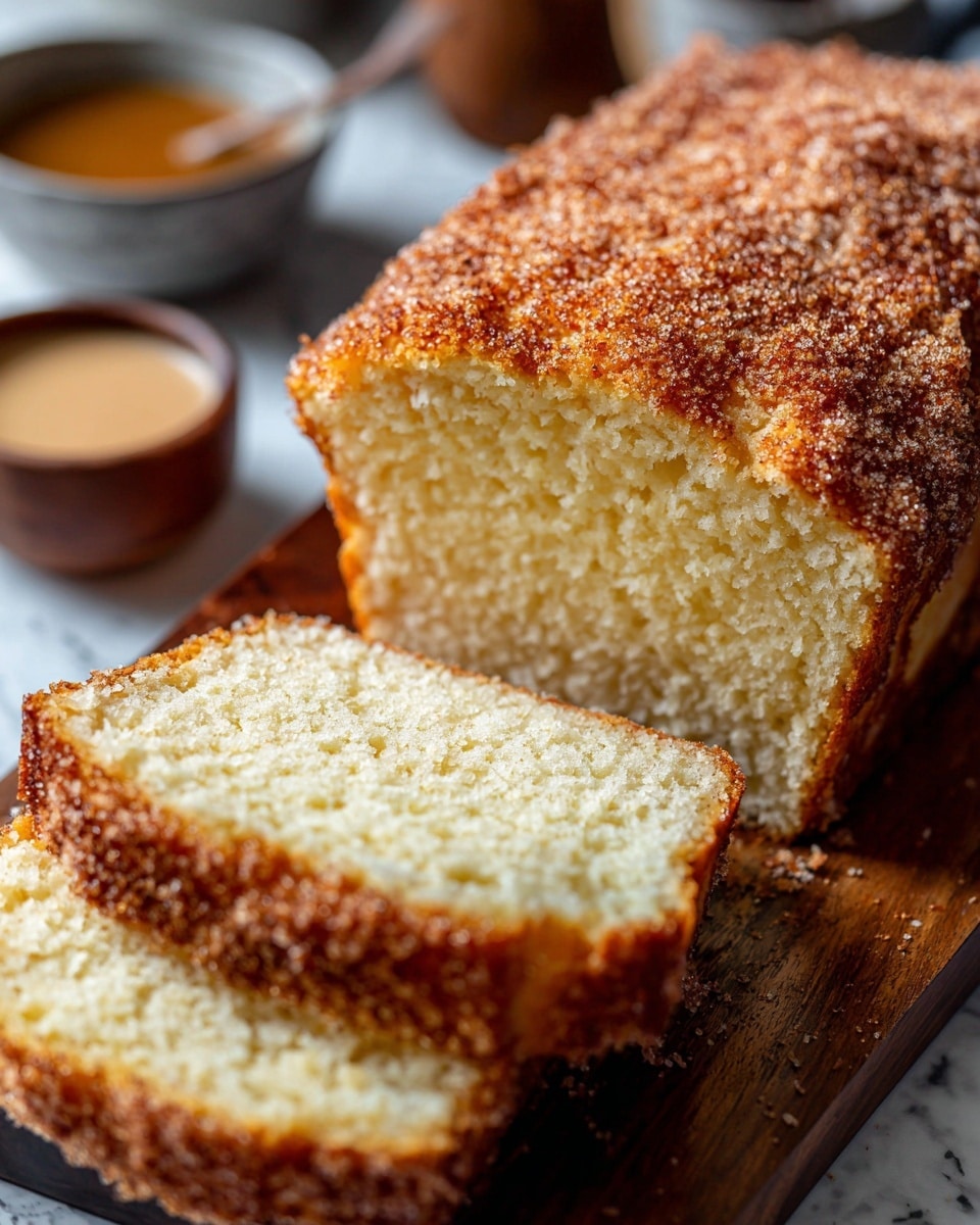 A sliced loaf of golden brown sweet bread with a shiny crust covered in sparkling granulated sugar sits stacked on a dark wooden board. The texture of the bread shows a soft, light, and fluffy inside with a slightly darker, crisp edge on each slice. The top layer is speckled with a light dusting of cinnamon sugar crystals, giving it a rough, sugary look. The background features a soft blur of white marbled texture and some small dipping bowls in the distance, slightly out of focus. Photo taken with an iphone --ar 4:5 --v 7