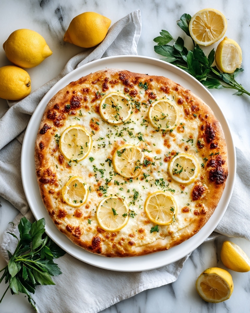 A white plate holds a freshly baked pizza with a golden-brown crust and melted cheese covering the entire surface. Thin slices of lemon are evenly spread on top, adding a bright yellow contrast against the creamy cheese. Small green herbs are sprinkled over the pizza, giving it a fresh look. The plate is placed on a white marbled surface, with a light gray cloth and several whole and halved lemons nearby, as well as sprigs of green leaves for decoration. photo taken with an iphone --ar 4:5 --v 7