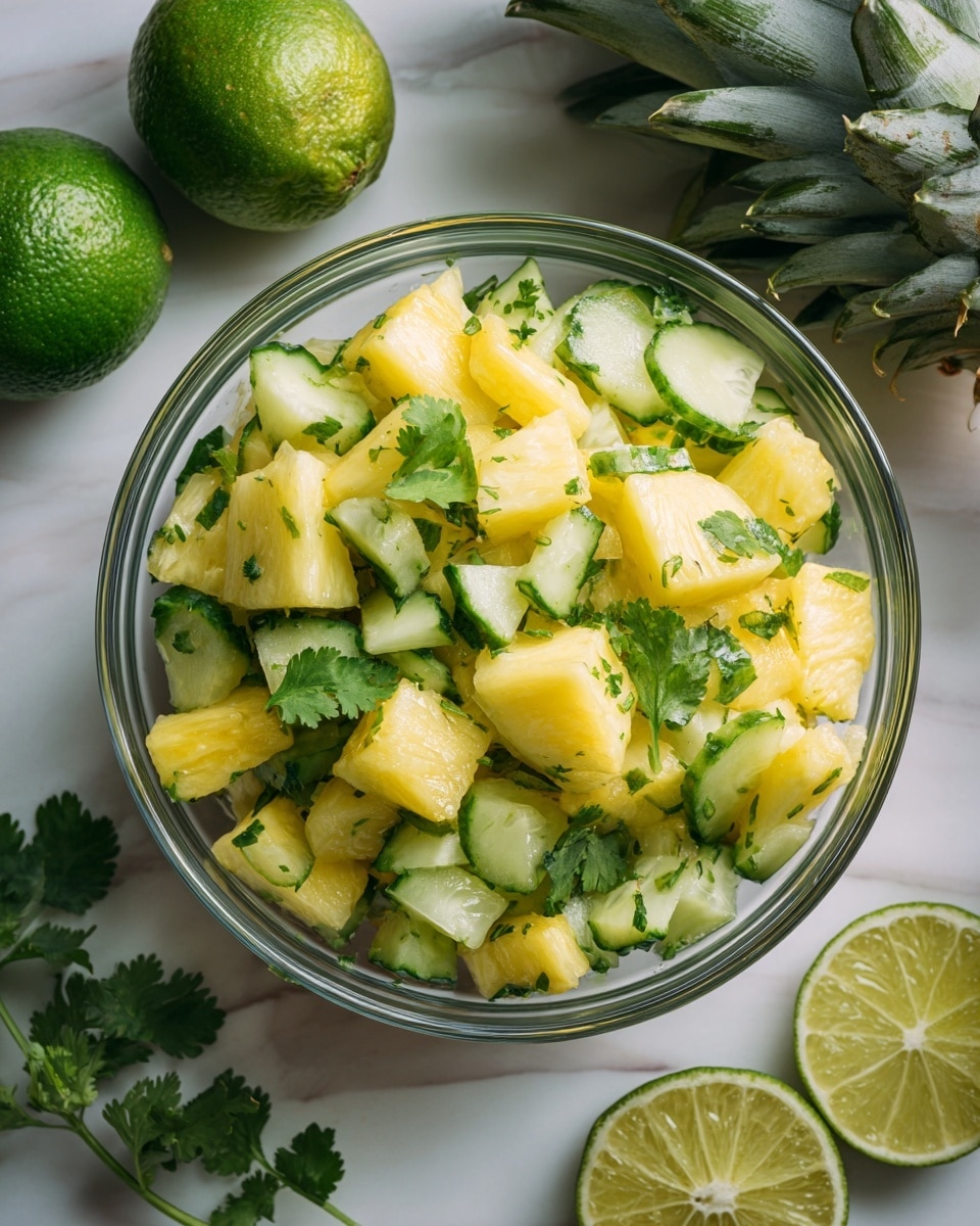 A clear bowl filled with a fresh salad made of bright yellow pineapple chunks mixed with light green cucumber pieces that have dark green skin, all topped with small sprigs of fresh cilantro leaves scattered throughout. The bowl sits on a white marbled surface with halved limes, whole lime, cucumber slices, and a pineapple partially visible around it, creating a fresh and colorful scene. photo taken with an iphone --ar 4:5 --v 7