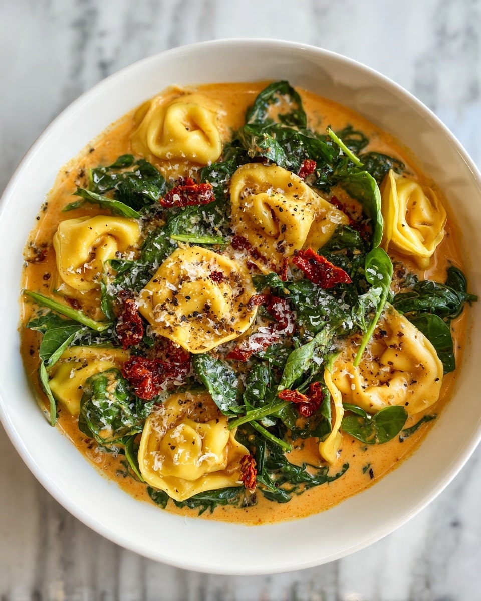The dish is a bowl filled with around three main layers: the first layer is creamy light orange sauce with a smooth texture, covering the bottom and edges; the second layer is bright yellow tortellini pasta pieces, round and plump with soft folds, spread evenly across the bowl; the third layer consists of fresh dark green spinach leaves and scattered deep red sun-dried tomato bits, adding color and texture contrast, topped with a light sprinkling of finely grated white cheese and some black pepper flakes. The bowl itself is white, placed on a white marbled surface. photo taken with an iphone --ar 4:5 --v 7