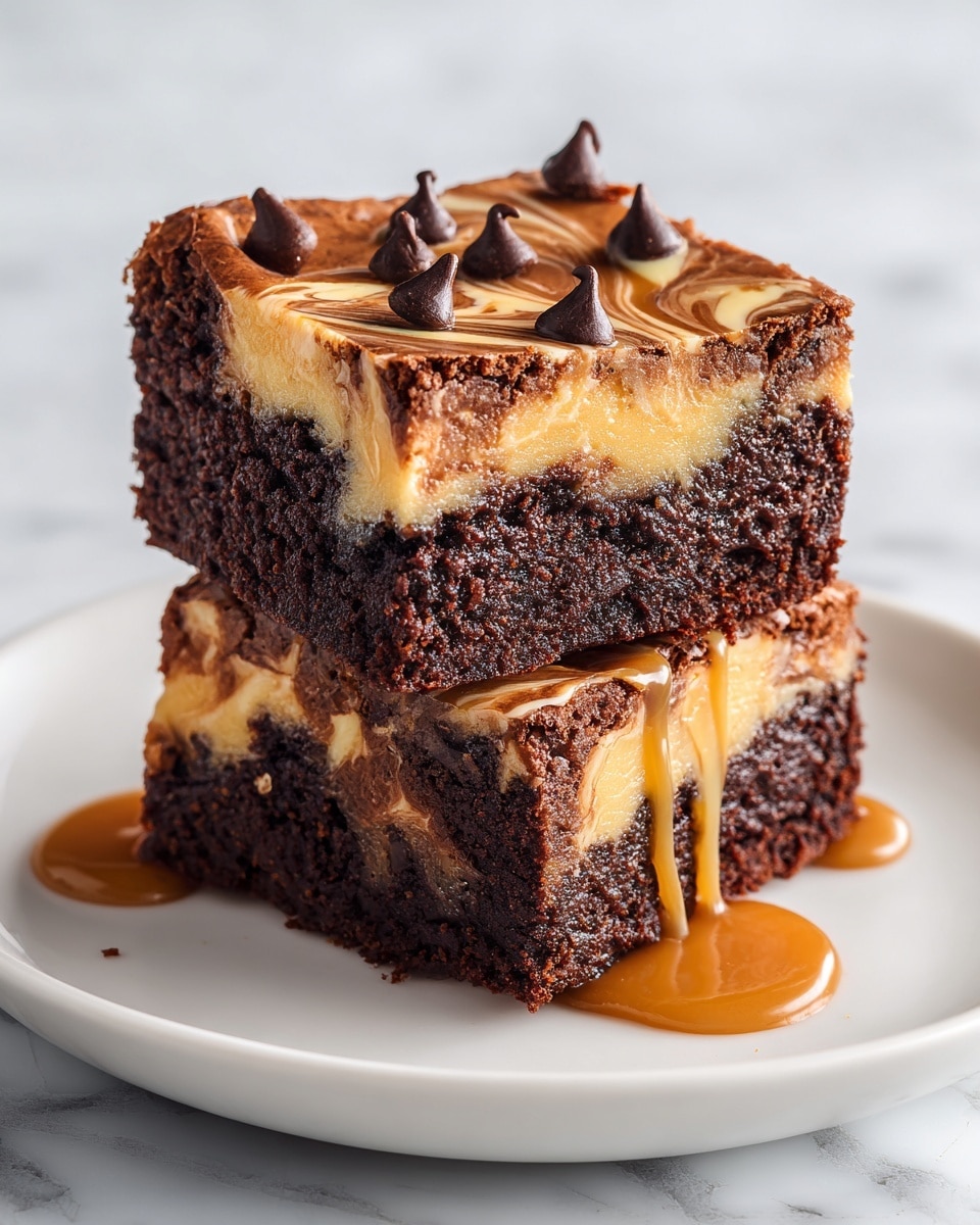 Two thick brownie squares sit on a white plate, each with a rich, dark brown base layer that looks soft and moist with a slightly crumbly texture. On top of the base is a swirled light brown caramel layer mixed throughout, creating a marbled effect over the surface of the brownies. Small, dark chocolate chips are scattered across the caramel swirls, adding a glossy, slightly shiny detail. The caramel drips slowly down the sides of the brownies, pooling a little on the white plate below. The background is a white marbled texture, highlighting the rich colors of the brownies. photo taken with an iphone --ar 4:5 --v 7