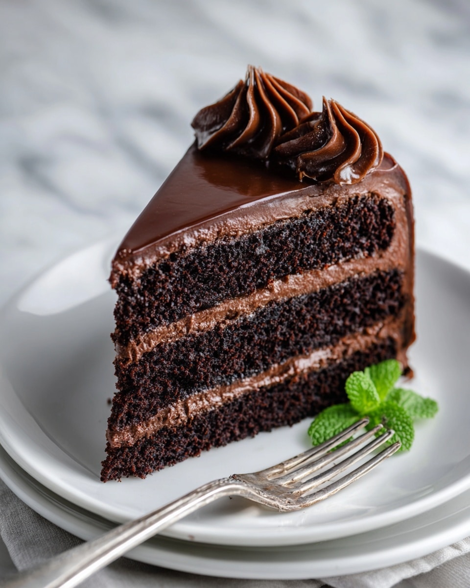 A slice of three-layer dark chocolate cake sits on a white plate with a silver fork beside it. Each cake layer is moist and dark brown, separated by smooth, creamy milk chocolate frosting. The top layer is covered with thick, shiny chocolate ganache, decorated with two swirls of darker chocolate frosting in the center. A small green mint leaf rests on the plate near the cake. The background is a white marbled texture, softly blurred. photo taken with an iphone --ar 4:5 --v 7