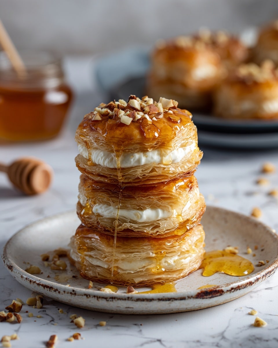 The image shows a stack of small round pastries made of multiple thin golden-brown layers of crispy dough, with a creamy white filling in the middle, placed on a white plate. Each pastry has about two layers of dough on the top and bottom, sandwiching one layer of creamy filling. The top layer is drizzled with shiny honey and sprinkled with small crunchy walnut pieces. In the background, there is a blurred stack of similar pastries and a honey dipper along with a glass jar filled with honey, all set on a white marbled surface. The scene is warmly lit, emphasizing the glossy texture and rich color of the pastries. Photo taken with an iphone --ar 4:5 --v 7