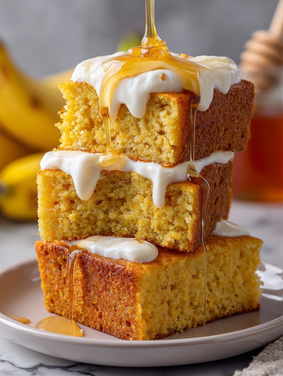A stack of four thick, golden brown pancakes sits on a white plate with a white marbled texture surface beneath. The top pancake is covered with a smooth, white layer of cream, and a piece of this pancake has a bite taken out, showing its soft, light texture inside. Golden amber syrup is being poured over the top, dripping down the sides of the stack creating a shiny, sticky look. The syrup pools slightly on the white plate below the stack. Photo taken with an iphone --ar 4:5 --v 7