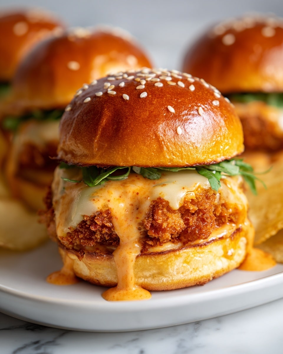 A close-up image of a Bang Bang Chicken Slider with three visible layers between a shiny golden sesame seed bun; the bottom layer is a light melted cheese slice, sitting on the bottom bun, followed by a crispy breaded chicken patty with a rough, crunchy texture, topped with a thick, creamy, pale orange sauce with specks of seasoning that drips down the sides, all enclosed by the glossy top bun dotted with sesame seeds. The slider is placed on a white plate with some potato chips visible in the blurred background, all set on a white marbled surface. Photo taken with an iphone --ar 4:5 --v 7