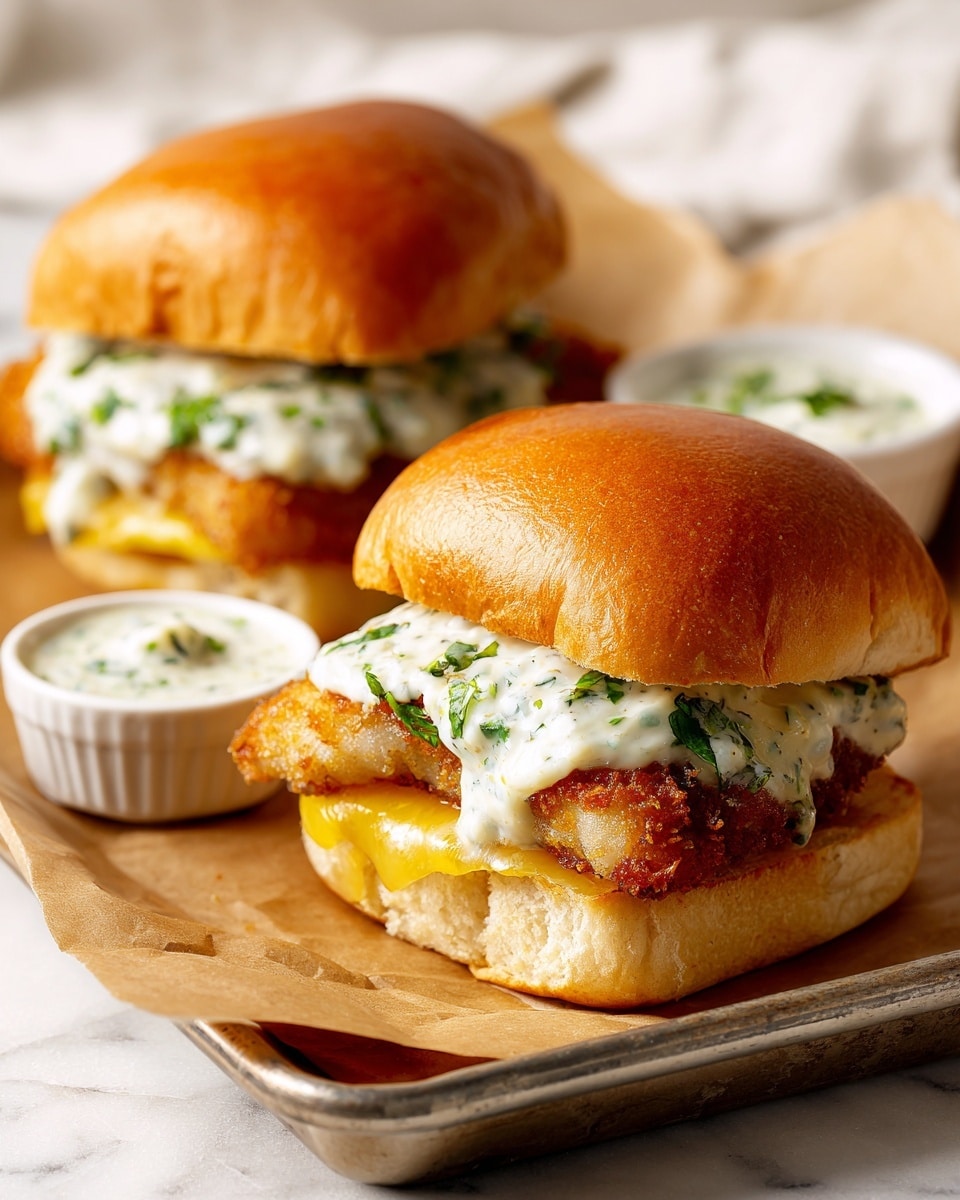 Two fried fish sandwiches rest on a piece of brown parchment paper over a silver tray with a white marbled background. Each sandwich has three visible layers: a shiny golden-brown soft bun top, a crispy golden fried fish filet in the middle, and a thick creamy white sauce with green herb bits oozing from the sides. Under the fish, a hint of melted yellow cheese peeks out on each sandwich. Behind the sandwiches, a small white bowl holds more of the creamy sauce, adding to the fresh look. photo taken with an iphone --ar 4:5 --v 7