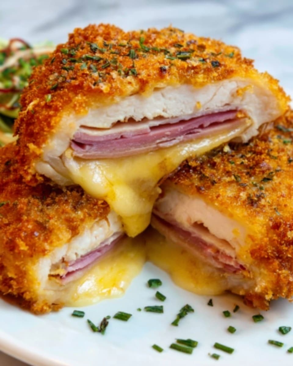 The image shows a close-up of a breaded, fried cutlet that has been cut open to reveal layers inside. The outer layer is a golden brown, crispy crust. Inside, there are two main layers: a thick, gooey pale yellow cheese layer and a layer of pink ham. The cheese looks melted and soft, stretching slightly between the crust and the ham. The cutlet is on a white plate with some small green herbs sprinkled on top and around it. There are some green and orange vegetables blurred in the background on the plate. The photo is taken with an iphone --ar 4:5 --v 7