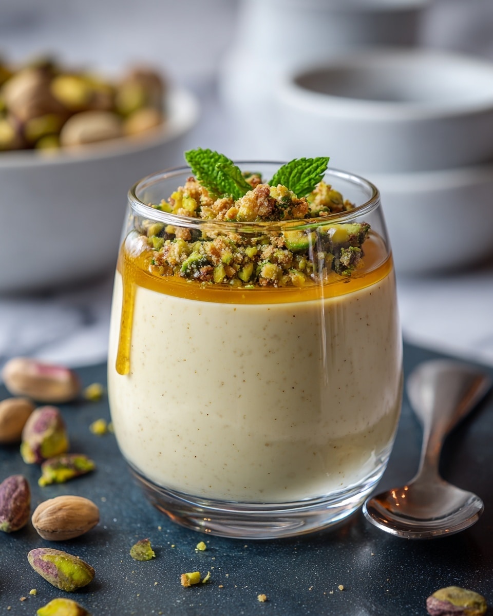 A clear glass filled with a smooth, creamy white layer at the bottom, topped with a thin drizzle of golden honey around the edge, followed by a crumbly nut mix containing light brown and green bits, and small white chunks scattered on top, garnished with two small green leaves. The glass sits on a gray surface with scattered pistachio nuts and granola crumbs around it, with blurred white bowls in the background. photo taken with an iphone --ar 4:5 --v 7