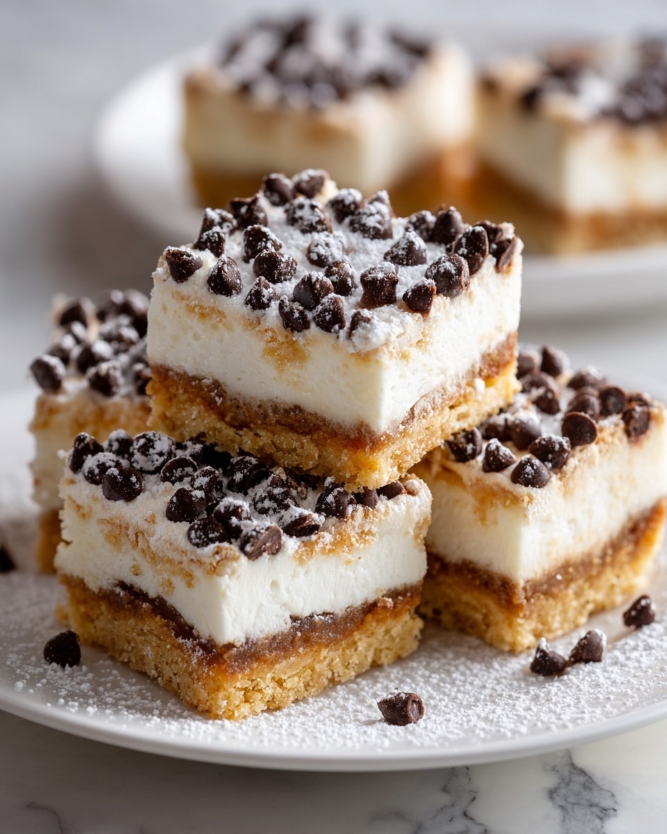 The image shows four square dessert bars on a white plate with a white marbled surface underneath. Each bar has three layers: a bottom golden brown crumbly crust, a thick middle layer of smooth white cream, and a top layer covered with small dark chocolate chips scattered all over. The bars look soft and rich with a light dusting of powdered sugar around them on the plate. Photo taken with an iphone --ar 4:5 --v 7