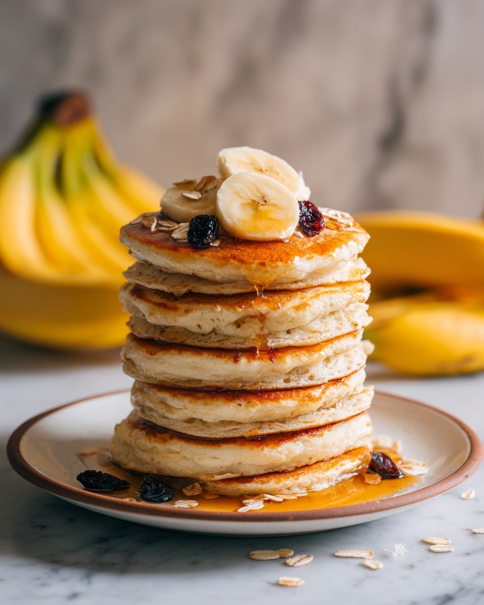 A tall stack of seven golden-brown pancakes sits centered on a white plate with a light brown rim, each pancake showing a slightly uneven edge and small air holes. At the top, three round banana slices lay flat, surrounded by scattered oats and dark dried fruit pieces. A glossy amber syrup flows over the top pancake and pools on the plate around the stack. In the blurred background, a bunch of ripe bananas rests on a white marbled surface, adding a soft yellow touch to the scene. photo taken with an iphone --ar 4:5 --v 7