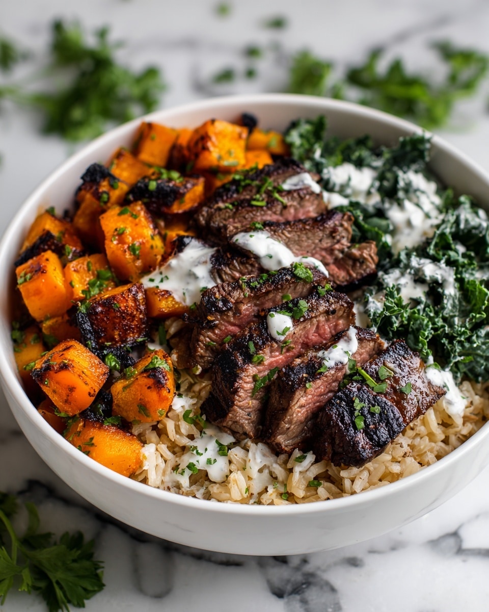 A white bowl filled with a dish that has four main layers. The bottom layer is light brown cooked rice with a slightly rough texture. On top of the rice and to one side are bright green chopped herbs and leafy greens. Next to the greens are large chunks of roasted butternut squash, deep orange with charred black edges giving it a smoky look. In the center of the bowl sit several pieces of grilled steak, medium brown with clear grill marks and a juicy texture, sprinkled with more green herbs. A drizzle of white creamy sauce is spread over some of the greens and steak. The bowl is placed on a white marbled surface. Photo taken with an iphone --ar 4:5 --v 7