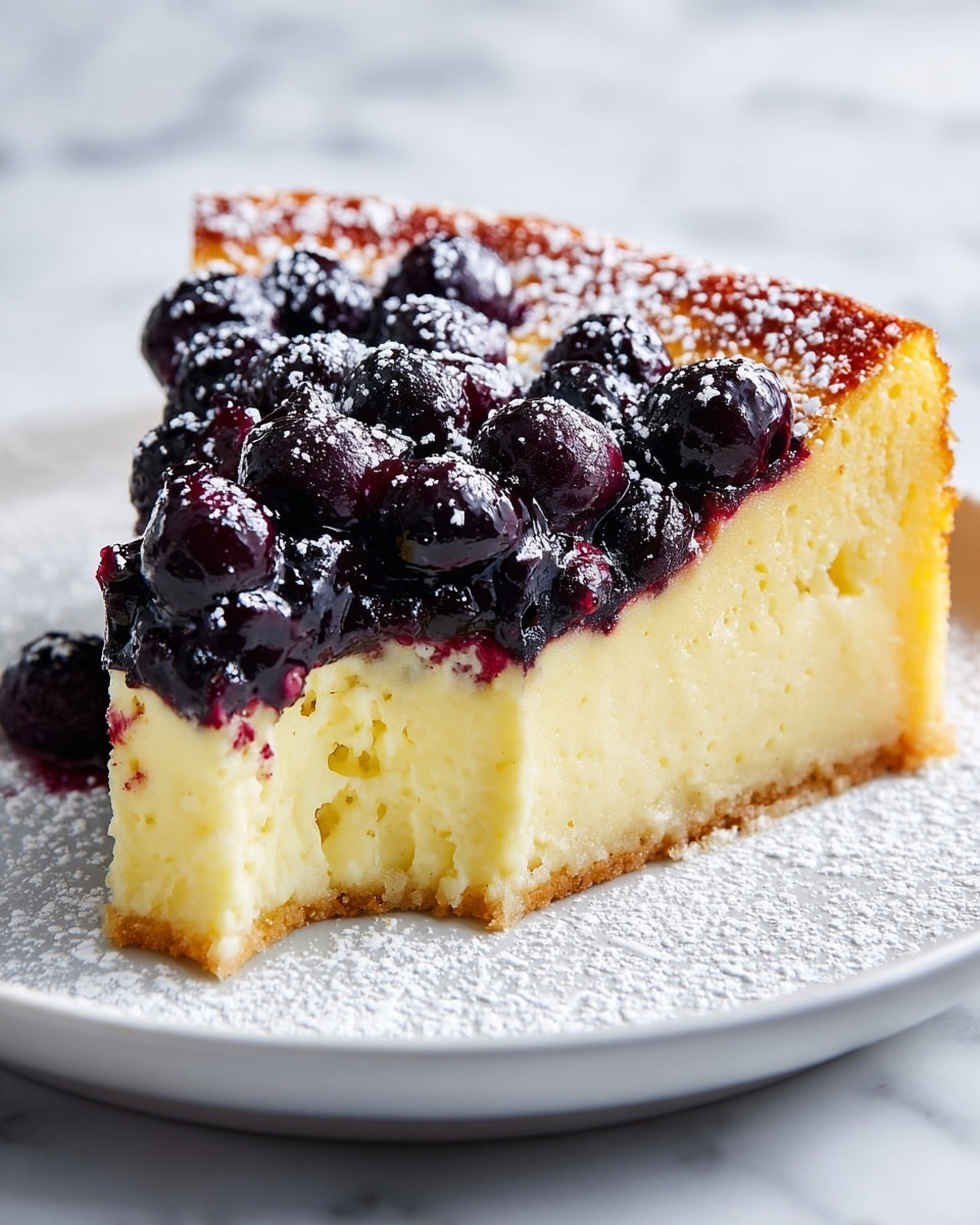 A slice of blueberry cake is shown with a thick, golden-yellow soft cake base layered with a glossy dark blue layer of cooked blueberries on top, some spilling over the edges. The cake is sprinkled lightly with white powdered sugar that adds a soft texture on top of the berries. The slice sits on a simple white plate, which rests on a white marbled surface, and a woman's hand is holding a piece of the cake on the side. The lighting highlights the moist texture of the cake and the shiny berries. photo taken with an iphone --ar 4:5 --v 7