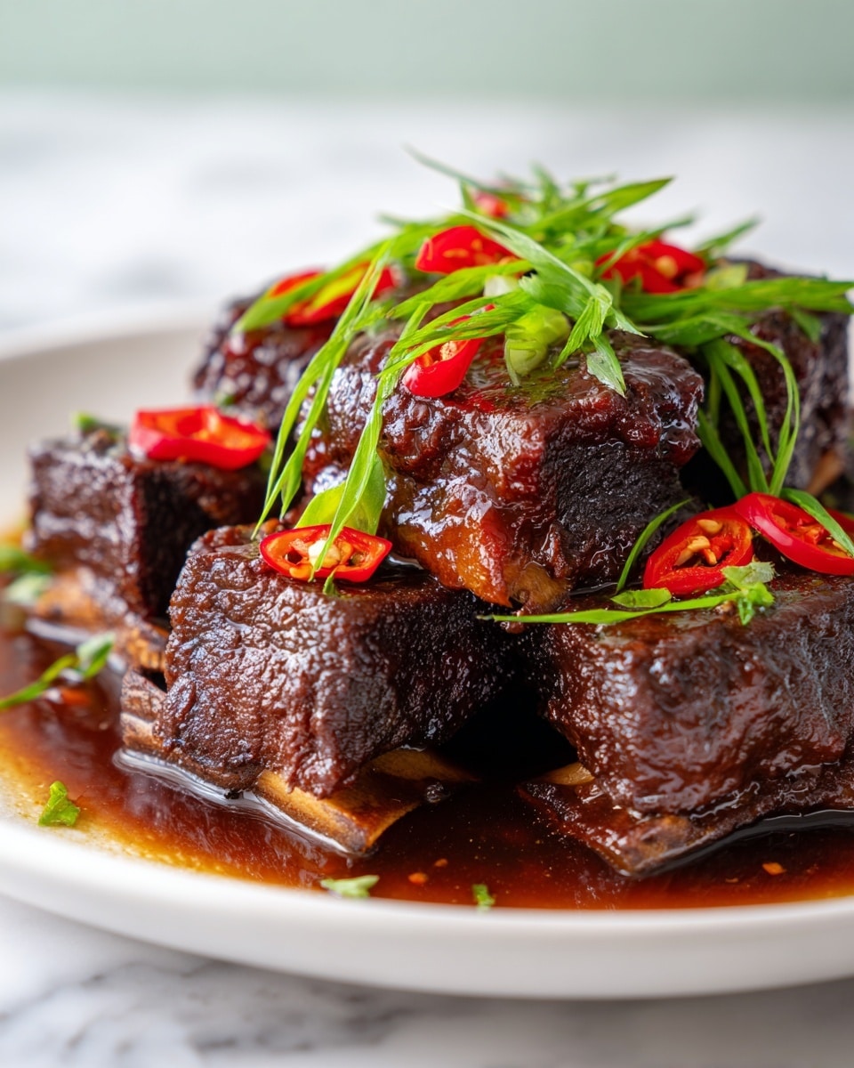 The dish shows a white plate filled with dark brown braised meat chunks that have a rich and glossy texture, each piece showing clear edges and some bone visible. On top and around the meat, there are thinly sliced bright green scallions and small slices of red chili peppers, adding a fresh and spicy look. The sauce is thick and dark, pooling lightly at the base of the plate and giving the meat a shiny finish. The arrangement feels natural and slightly layered, with the meat forming the main base layer and the fresh green and red toppings scattered unevenly on top. The background is a soft blurred green, while the plate sits on a white marbled surface. Photo taken with an iphone --ar 4:5 --v 7