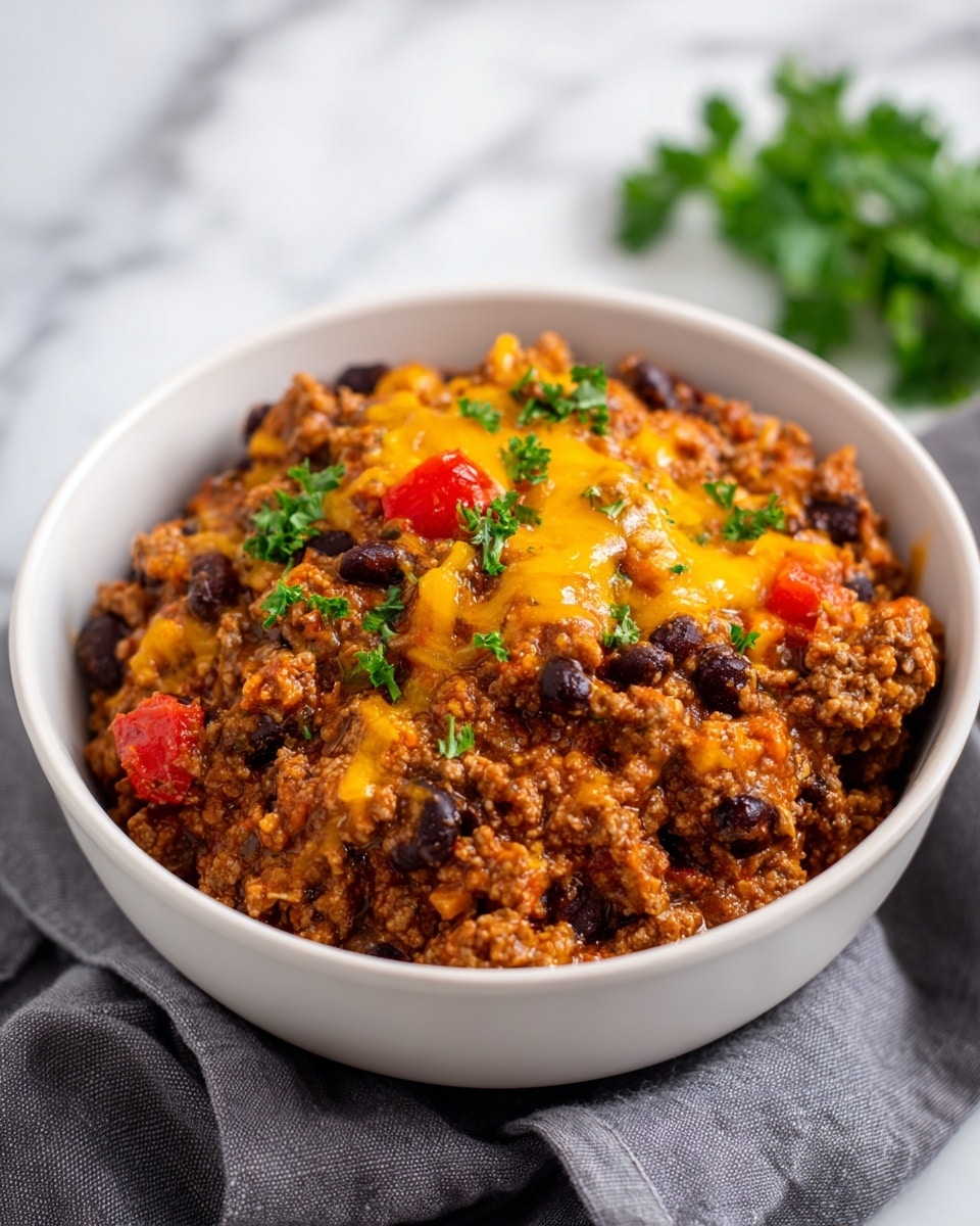 The dish is a bowl filled with a thick layer of cooked ground meat mixed with black beans and small pieces of red tomatoes, topped with melted yellow cheese scattered unevenly on the top. Small bits of green herbs are sprinkled over the cheese, adding a fresh contrast. The bowl is white and sits on a soft gray cloth, with a wooden surface blurred in the background replaced by a white marbled texture. The food looks hearty and richly textured with a mix of soft, melty, and slightly chunky ingredients. Photo taken with an iphone --ar 4:5 --v 7