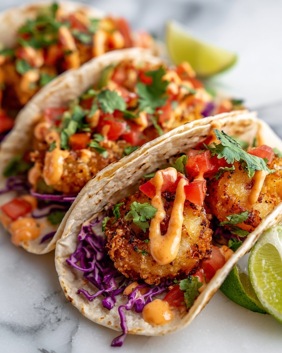 A close-up of three soft tacos on a white plate, each with a base layer of a lightly toasted, soft tortilla. The middle layer has crispy golden-brown fried shrimp, resting on a bed of vibrant purple shredded cabbage. On top, there’s a generous drizzle of orange creamy sauce and diced red tomatoes, scattered with fresh bright green cilantro leaves. The overall look is fresh with contrasting bright colors on a white marbled surface. photo taken with an iphone --ar 4:5 --v 7