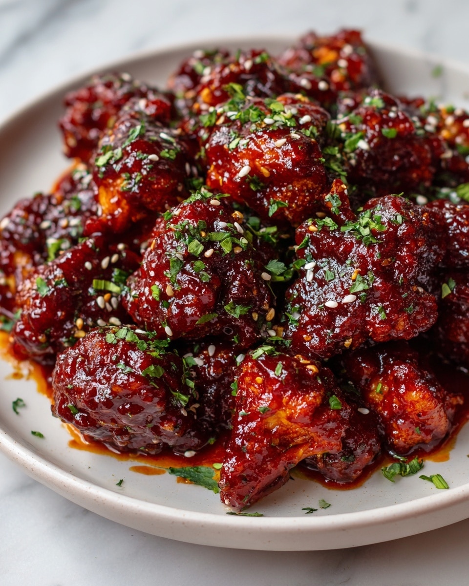 A close-up view of crispy fried cauliflower pieces coated in a thick, shiny, dark red sauce, arranged in one layer on a white plate. The cauliflower is sprinkled with bright green chopped herbs and small white sesame seeds, adding texture and color contrast. The plate sits on a white marbled surface, making the vibrant colors of the dish stand out clearly. Photo taken with an iphone --ar 4:5 --v 7