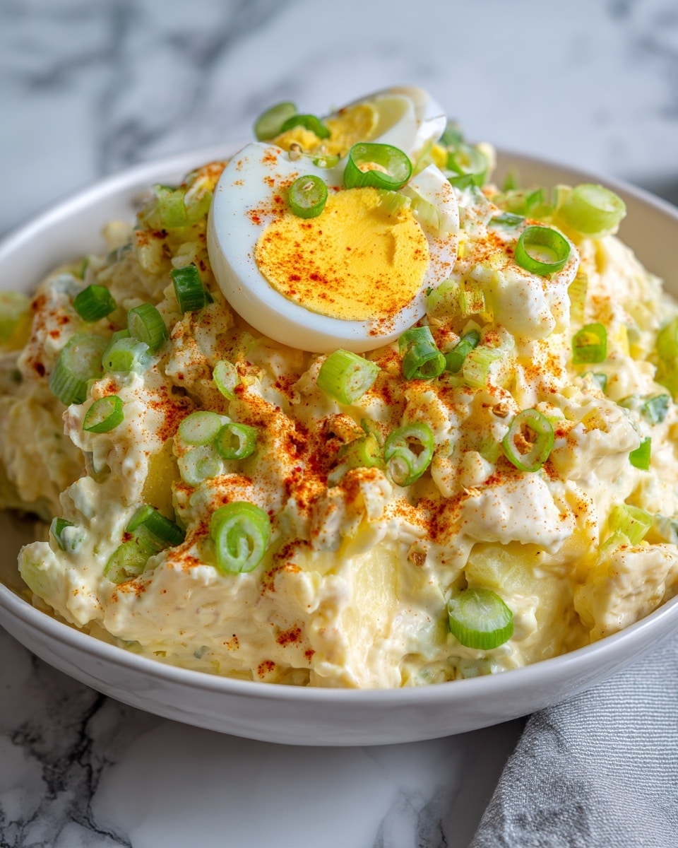 This image shows a close-up of a creamy potato salad piled in a white bowl, placed on a white marbled surface. The salad has roughly three layers: the base is a thick, pale yellow mixture with a smooth, slightly chunky texture of mashed potatoes mixed with mayonnaise. Scattered throughout are small green pieces of celery and onion chopped finely. On top, there are bright orange sprinkles of paprika and small green onion slices adding color contrast. A half of a hard-boiled egg with a bright yellow yolk and smooth white egg white sits on top near the center. The overall look is creamy with a mix of soft textures and fresh garnishes. Photo taken with an iphone --ar 4:5 --v 7