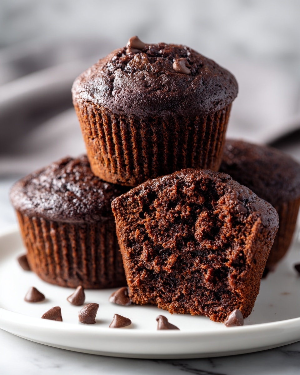 The image shows three chocolate muffins arranged on a white plate. Two whole muffins are stacked, one on top of the other, showing a dark brown, slightly shiny top with a rough texture. The third muffin is cut in half and placed in front, revealing a dense, moist interior filled with small chocolate chips. The background is a white marbled texture, creating a soft and clean setting. Photo taken with an iphone --ar 4:5 --v 7
