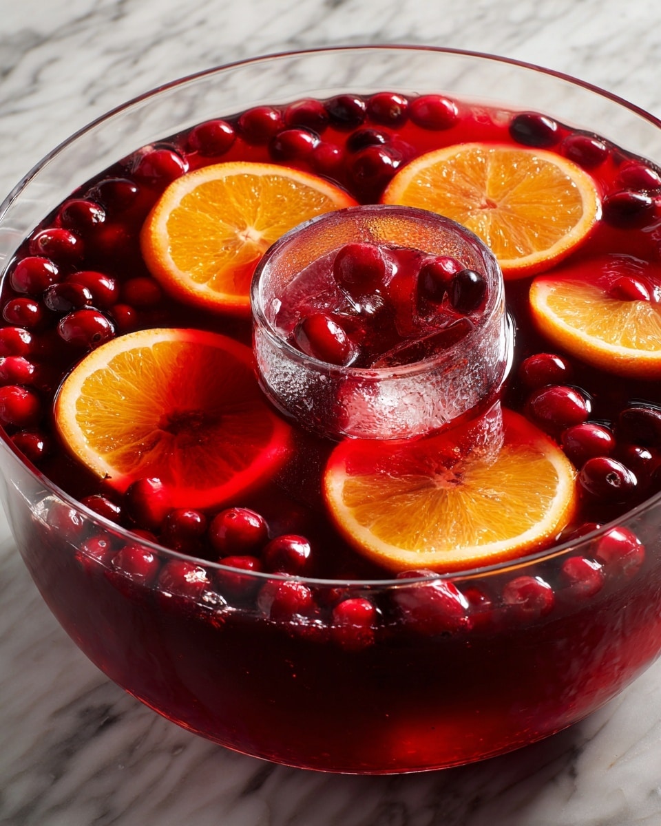 A clear glass bowl filled with a deep red punch, showing several thin orange slices floating on the surface, around and inside a clear circular ice mold in the center. Small round red berries are scattered evenly throughout the punch, both floating on top and submerged below the orange slices. The punch has a shiny, smooth texture that reflects light, emphasizing its rich, vibrant color. The bowl sits on a white marbled surface that contrasts with the dark red of the drink. Photo taken with an iphone --ar 4:5 --v 7