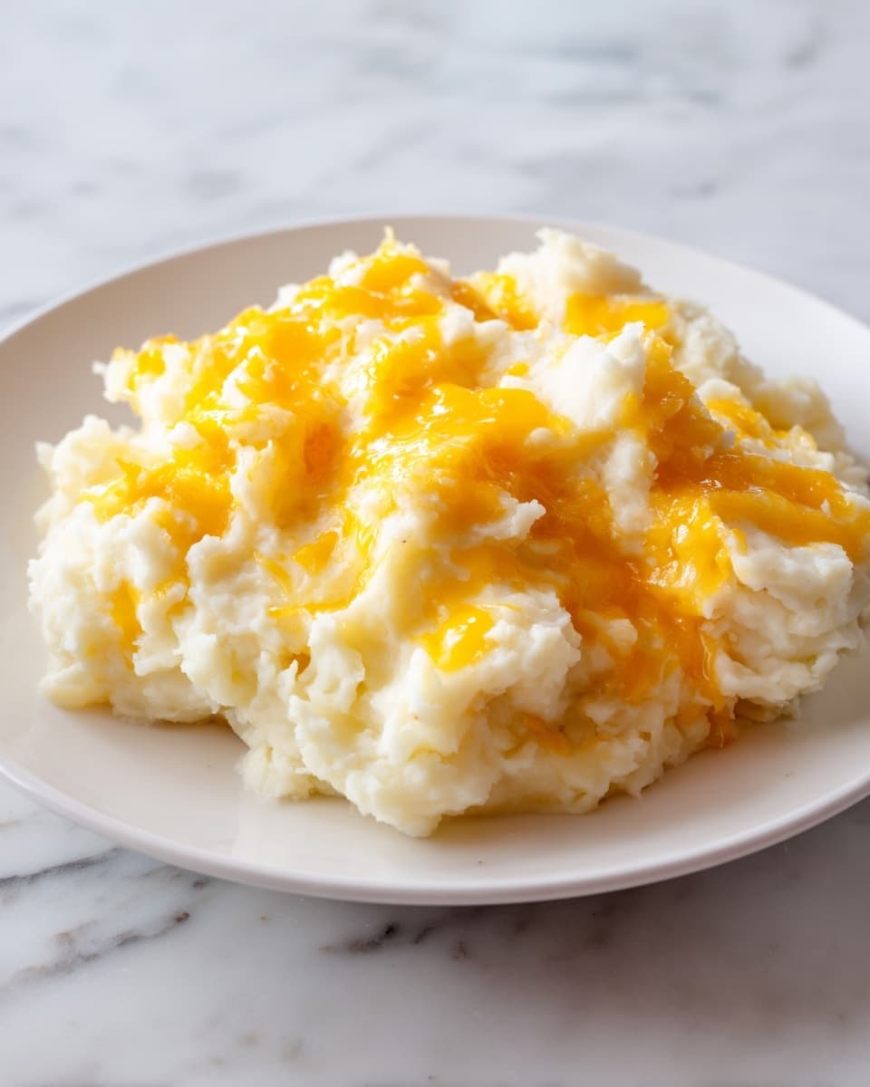 A close-up image of a white plate holding a serving of creamy scrambled eggs. The eggs form one thick layer with a soft, slightly lumpy texture and are a pale yellow color. On top is a drizzle of bright yellow melted cheddar cheese, covering the center and part of the edges, adding a shiny, smooth layer. The plate is set on a white marbled surface. Photo taken with an iphone --ar 4:5 --v 7
