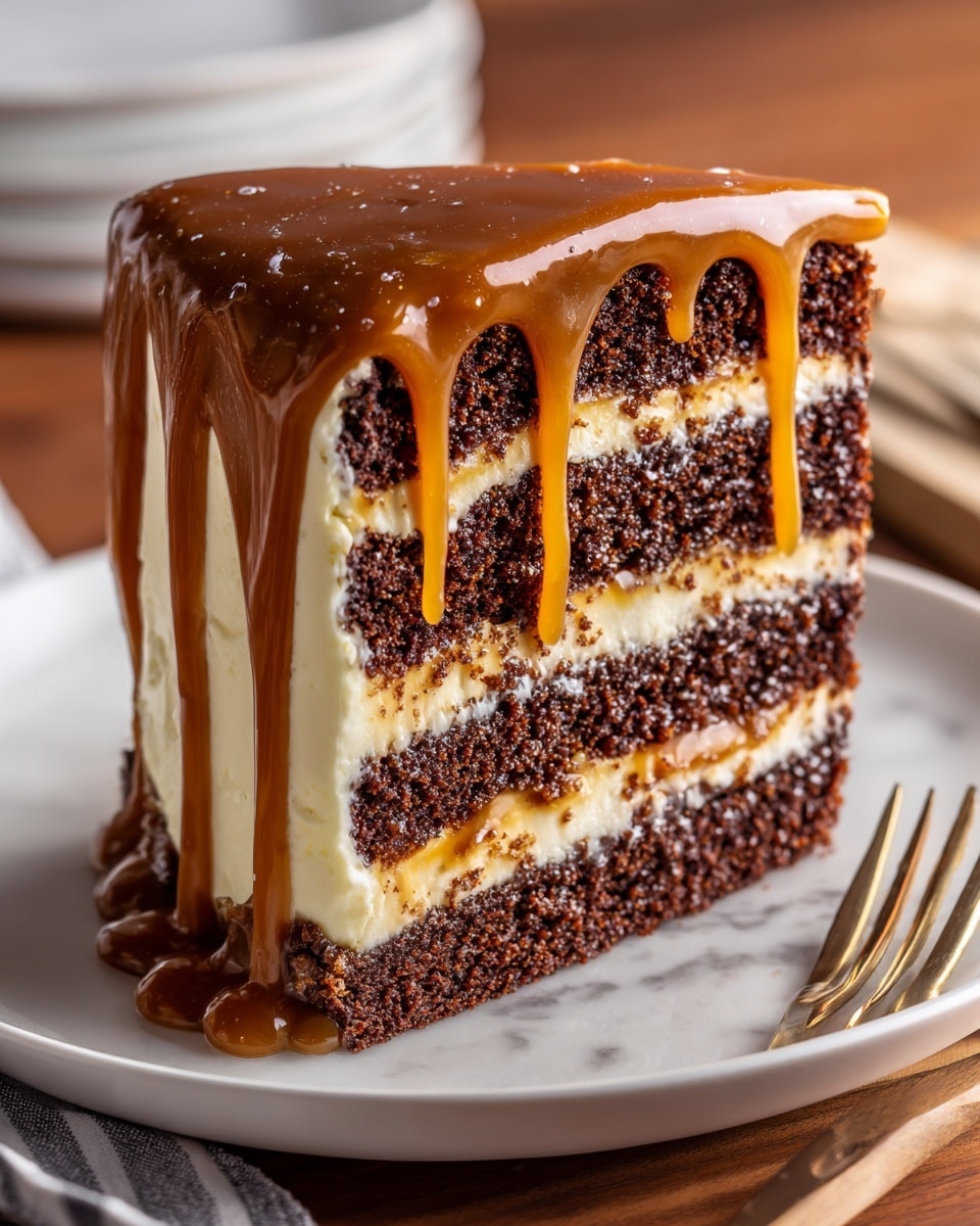 A tall slice of layered chocolate cake sits on a white plate over a white marbled surface, with four thick layers of moist dark brown cake alternating with three layers of light caramel-colored cream. The top layer is covered by shiny dark chocolate sauce, which spills over the sides in smooth drips. In the background, out of focus, more cake is visible along with a blurred fork on the right side. Photo taken with an iphone --ar 4:5 --v 7