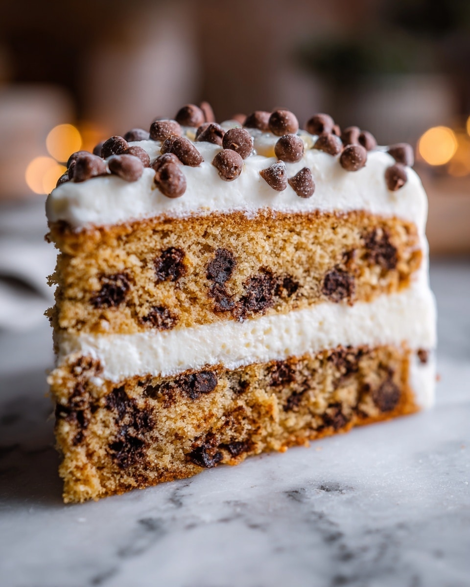 The image shows a thick slice of chocolate chip cookie dough cake with three visible layers. The bottom layer is a dense, golden brown cookie dough with dark chocolate chips scattered inside, with a soft and slightly crumbly texture. The middle layer is a thin line of white cream separating the cookie dough from the top layer. The top layer is a smooth white frosting decorated with many small dark chocolate chips. The slice is placed on a white marbled surface, and the lighting highlights the moist and rich texture of the dessert, with a blurred background giving a cozy indoor feel. photo taken with an iphone --ar 4:5 --v 7