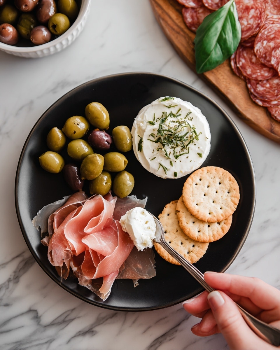 A black plate with four sections of food: green and brown olives in the top left, a white creamy spread with green herbs in the top right, three round crackers in the bottom right, and thin slices of pink cured meat with a dollop of white spread on top in the bottom left, where a woman's hand is holding a small spoon near the meat. The plate is on a white marbled surface with a bowl of olives and slices of red cured meat in the background. Photo taken with an iphone --ar 4:5 --v 7
