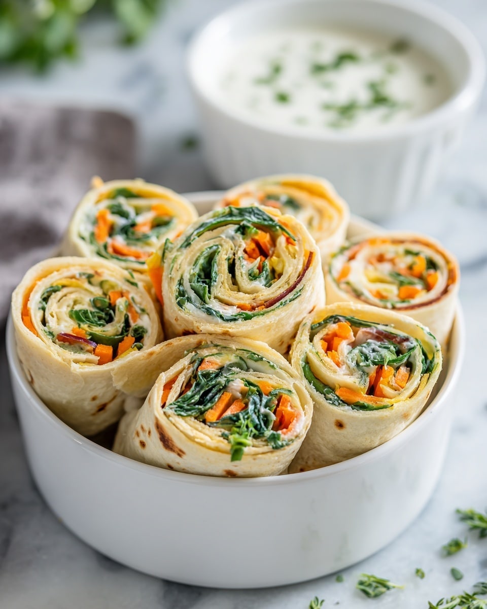 The image shows several small sandwich rolls arranged in a white bowl, each roll made of a soft, light beige flatbread wrapped around a colorful mix of fresh vegetables. The rolls have visible inner layers of cream white spread, bright green leafy vegetables, orange carrot sticks, and some light yellow slices, all tightly rolled and cut into bite-sized pieces. The bowl is placed on a white marbled surface, and there is some fresh green herb scattered around the base inside the bowl. In the background, a white bowl filled with white creamy dip is slightly blurred. Photo taken with an iphone --ar 4:5 --v 7