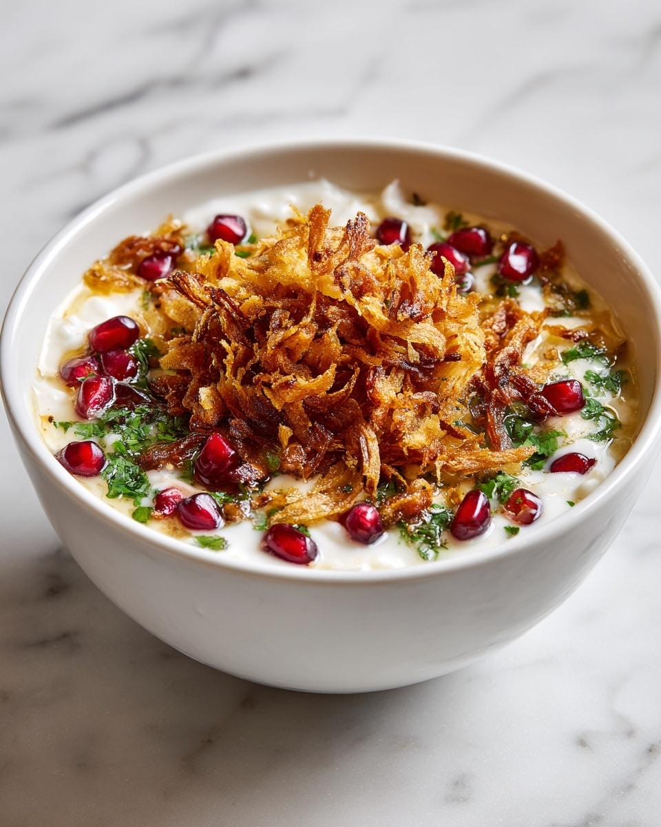 A white round plate holds a layered dish starting with a bottom layer of creamy white yogurt sauce mixed with finely chopped green herbs and scattered with bright red pomegranate seeds, giving a fresh and colorful base. On top, there is a thick layer of crispy fried onions, golden brown and crunchy, adding texture and warmth. Dark pieces of fried meat are spread over the onions, giving a rich and savory contrast to the fresh base. The dish is vibrant with green, red, golden brown, and dark brown colors, all placed on a white marbled surface. Photo taken with an iphone --ar 4:5 --v 7