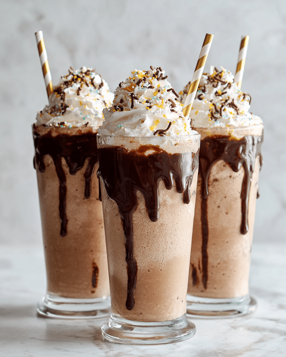 Three tall clear glasses stand in a row on a white marbled surface, each filled with a smooth, light brown milkshake. The top third of each glass is coated with thick, dark chocolate that drips down unevenly over the light brown drink. On top, there is a fluffy white whipped cream layer mixed with small dark brown and light golden sprinkles. Each glass holds a white and gold striped paper straw inserted into the whipped cream. The background is softly blurred with a white marbled texture, making the milkshakes stand out clearly. photo taken with an iphone --ar 4:5 --v 7