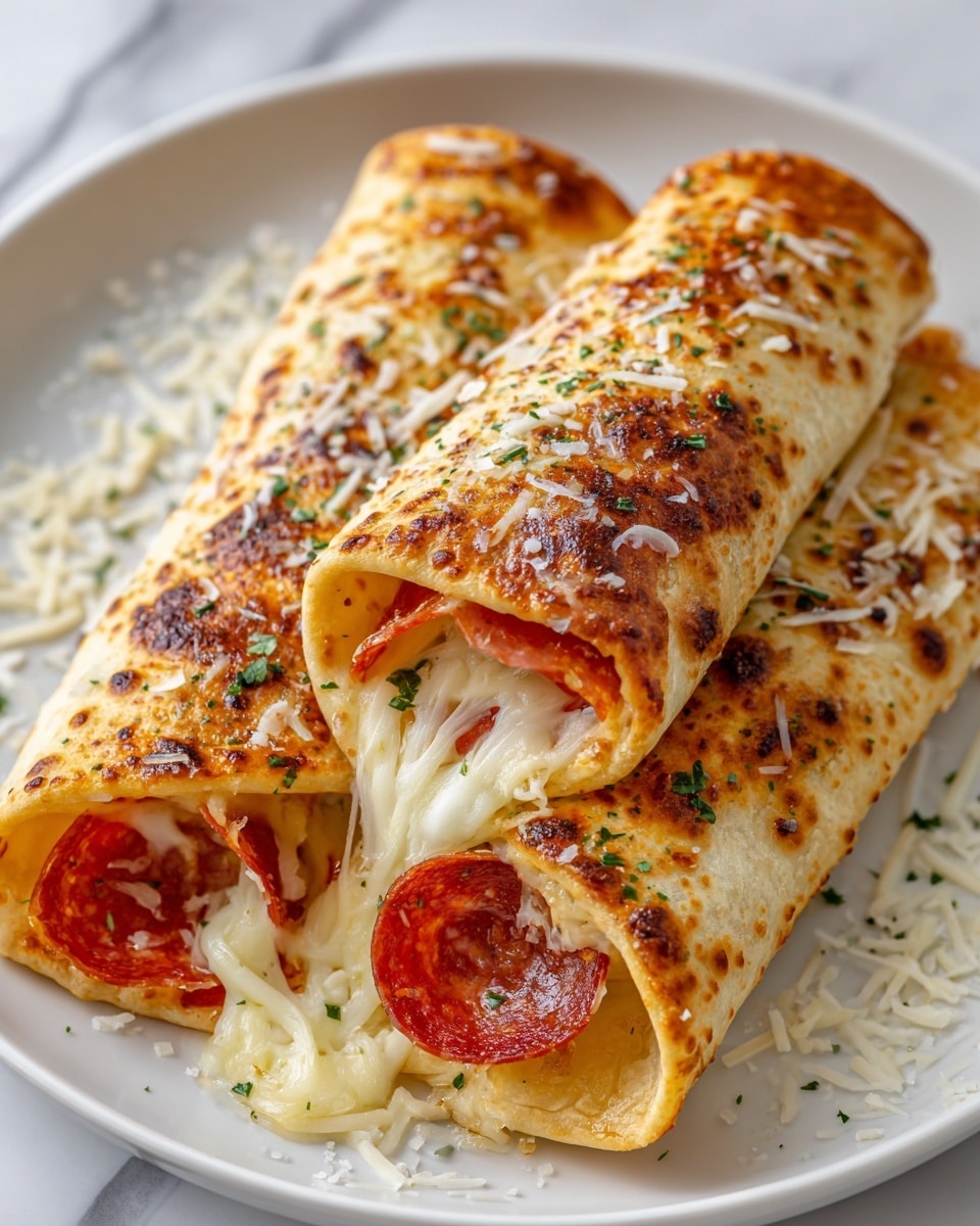 The image shows three golden-brown rolled pizza pockets on a white plate, all filled with melted white cheese stretching out from the top pocket. Inside each roll, slices of red pepperoni are visible alongside the gooey cheese. The surface of the rolled crust is lightly toasted with some dark brown spots, and is sprinkled with shredded white cheese and bits of green fresh herbs. The background has a white marbled texture, enhancing the warm colors of the pizza pockets. photo taken with an iphone --ar 4:5 --v 7