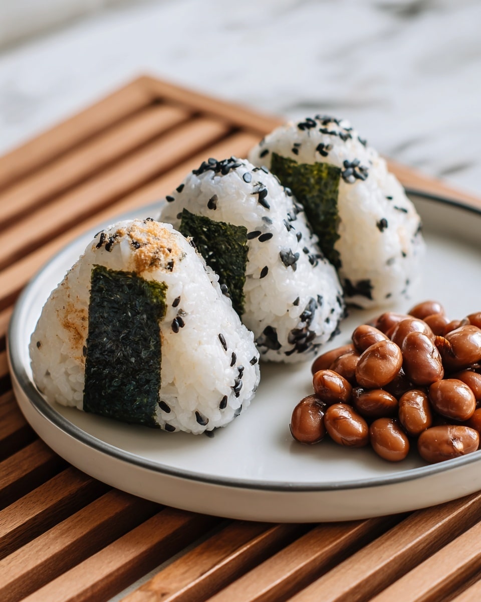 Three onigiri rice balls, each triangular and covered with white rice speckled with black seaweed flakes, have a dark green seaweed strip wrapped around their lower middle. They are arranged in a row on a white plate with a thin gray rim. To the right side of the plate, there is a small pile of glossy, cooked brown beans. The plate rests on a wooden slatted surface with a white marbled background behind. photo taken with an iphone --ar 4:5 --v 7
