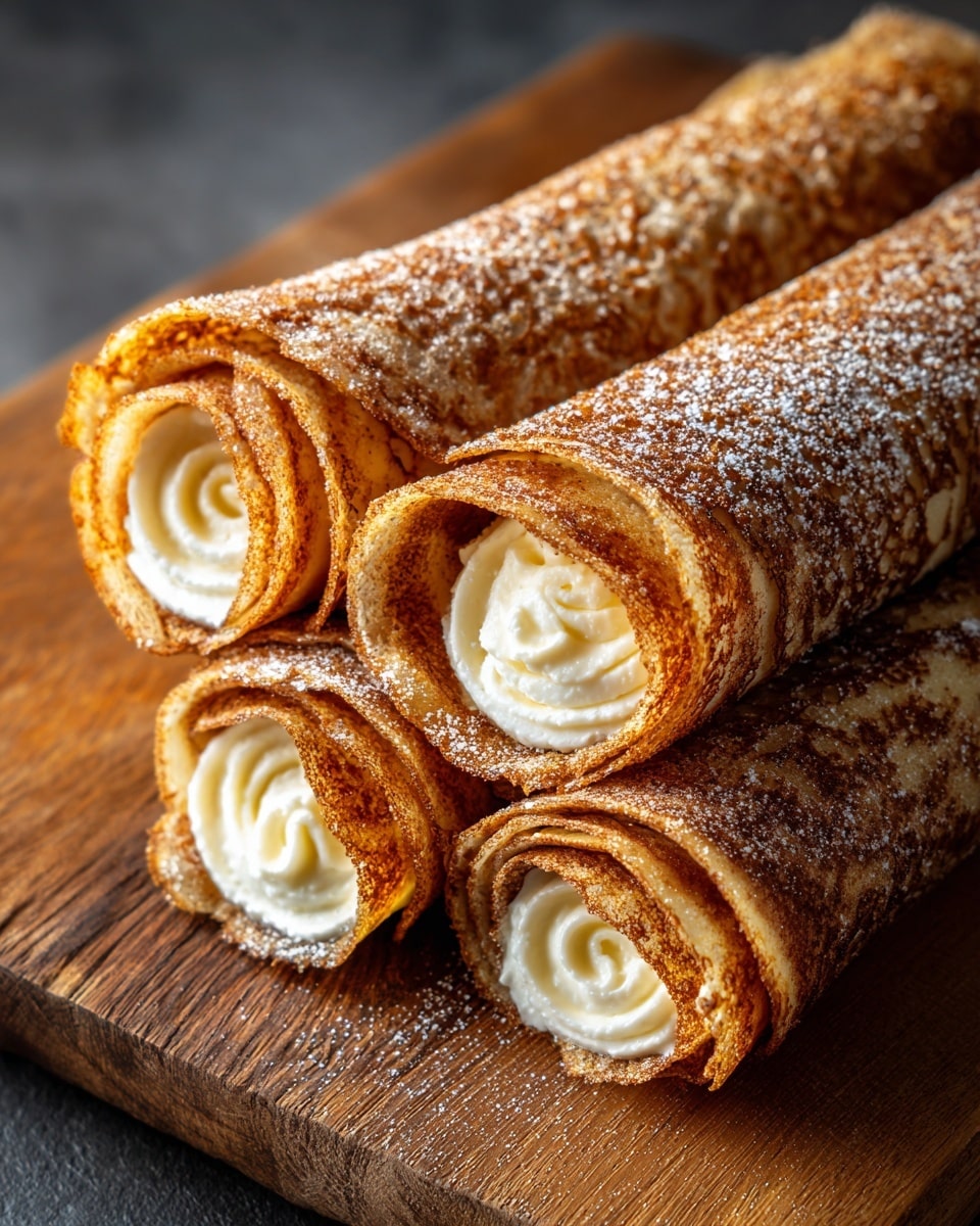 Three rolled crepes are placed side by side on a wooden board, each showing multiple thin layers with a golden brown exterior coated in sugar and cinnamon. The layers reveal a spiral of creamy white filling inside, contrasting against the crispy outer texture. The lighting highlights the crunchiness and warm tones of the crepes’ surface, giving a sense of freshness and softness inside. Photo taken with an iphone --ar 4:5 --v 7