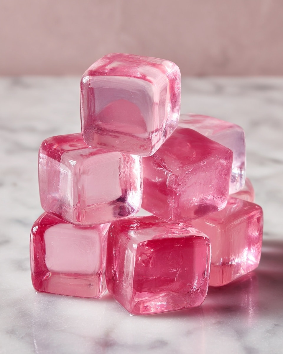 The image shows a close-up of several translucent pink jelly cubes stacked in a small pile on a white marbled surface. Each cube has smooth, shiny surfaces with slightly rounded edges, and the light shines through giving them a bright, glossy appearance. The jelly cubes vary slightly in size, and a few are leaning against each other, creating a casual, slightly uneven stack. The background is softly blurred, highlighting the jelly cubes as the main focus. Photo taken with an iphone --ar 4:5 --v 7