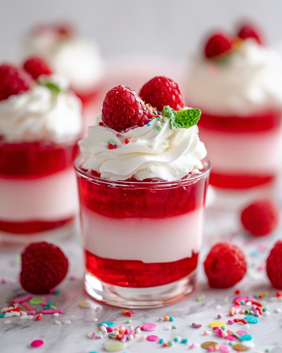 A clear glass cup shows three main layers: a bright red jelly layer at the bottom, a thick pale pink creamy layer in the middle, and another bright red jelly layer on top. The glass cup is topped with a swirl of white whipped cream, garnished with two fresh red raspberries and a small green mint leaf beside them. Around the glass, fresh raspberries and small round colorful sprinkles are scattered on a white marbled surface. In the blurry background, more similar glass cups are visible. photo taken with an iphone --ar 4:5 --v 7