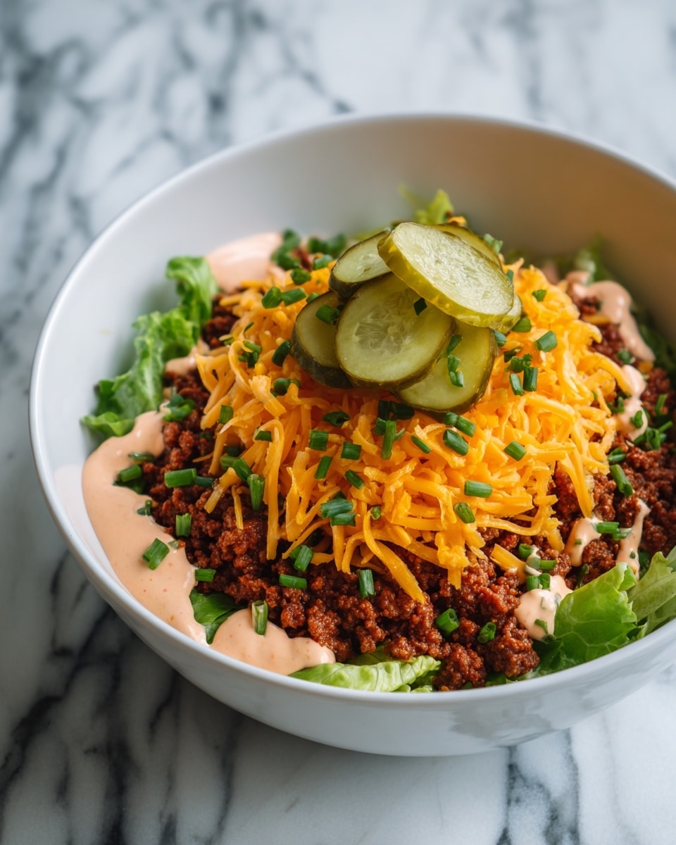 A white bowl holds a layered dish starting with a base of chopped light green lettuce. On top of the lettuce is a thick layer of cooked ground beef with a rich brown color and slightly crumbly texture. Above the beef is a mound of bright orange shredded cheddar cheese. Drizzled over the cheese and beef is a creamy light pink sauce in spots. Green chopped chives are sprinkled across the layers, adding small bright green pops of color. Sitting on top of the dish is a small pile of sliced green pickles. The bowl rests on a white marbled surface. photo taken with an iphone --ar 4:5 --v 7