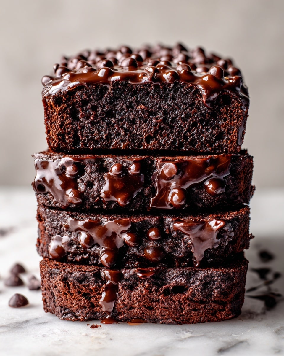 A loaf of chocolate cake is sliced into five thick pieces stacked closely on a white marbled surface covered with white parchment paper. Each slice has a rich dark brown chocolate color with a moist texture inside, and the top of every slice is covered in a shiny, thick layer of melted chocolate ganache studded with semi-sweet chocolate chips. The top side has an uneven, slightly rough texture with glossy chocolate dripping slightly over the edges. The bottom slice shows a detailed crumb with a few small air pockets and some chocolate bits inside. Photo taken with an iphone --ar 4:5 --v 7