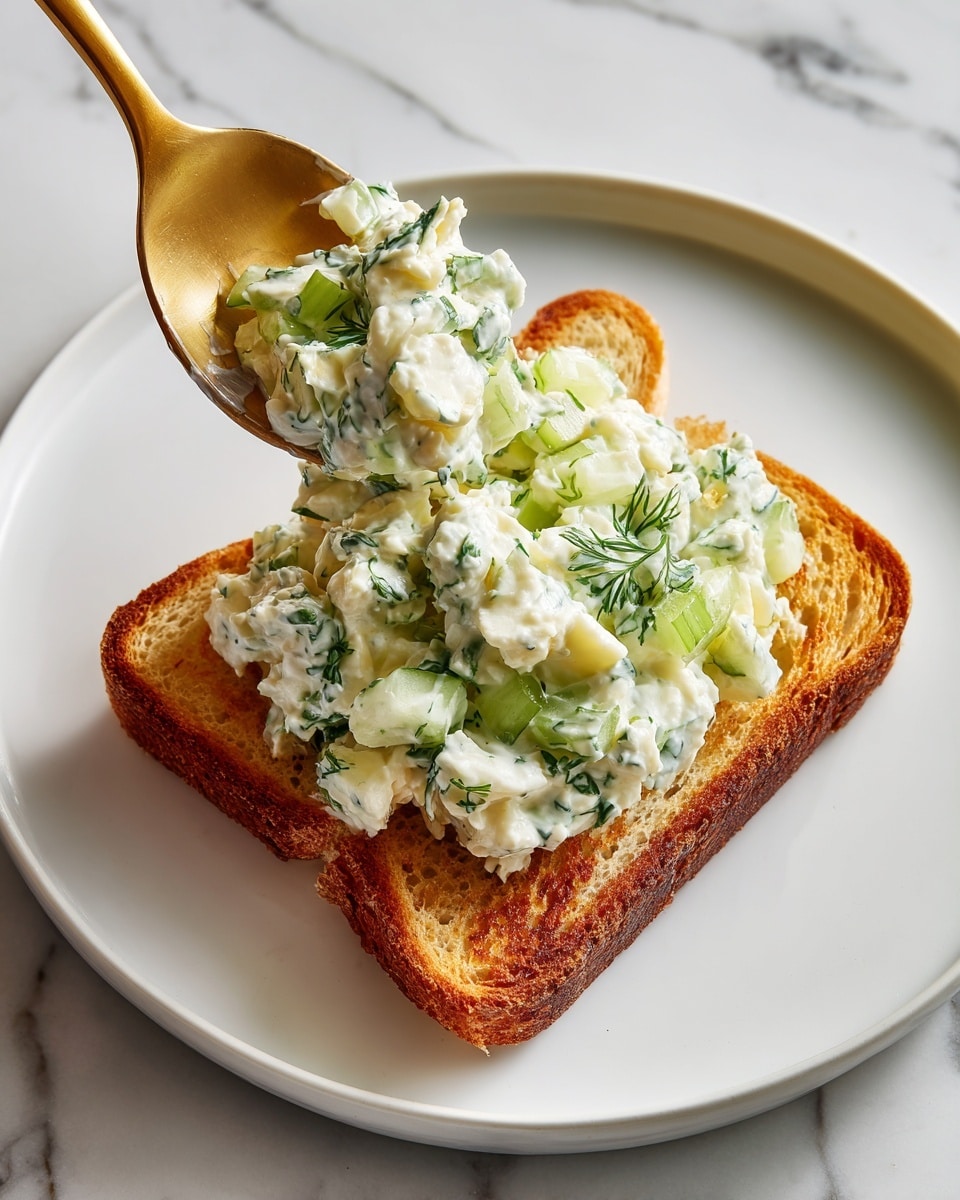 A single slice of toasted bread with a golden-brown crust and a slightly bubbled texture rests on a white plate. On top of the bread is a generous scoop of creamy salad mixture that is light green and white with visible chopped herbs and small pieces of celery, giving it a chunky and fresh look. A brass spoon holds a large portion of the salad, hovering just above the bread. The scene is set on a white marbled surface. photo taken with an iphone --ar 4:5 --v 7