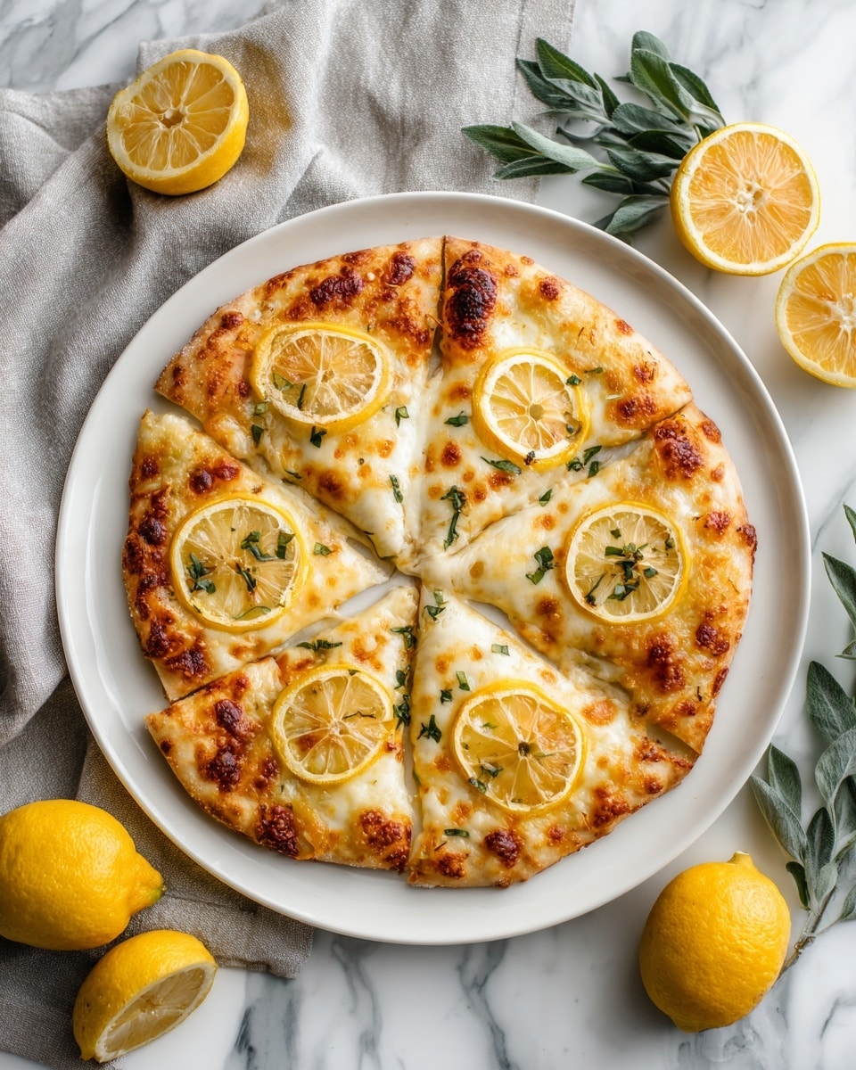 A round white plate holds a pizza with a golden-brown crust and four visible slices. The pizza has a creamy white cheese layer covering it evenly, topped with thin lemon slices placed on top. Small green herb pieces are spread across the pizza surface, adding a fresh touch. The plate rests on a white marbled textured surface, with some whole and halved lemons and green leaves around it, creating a fresh and bright scene. photo taken with an iphone --ar 4:5 --v 7
