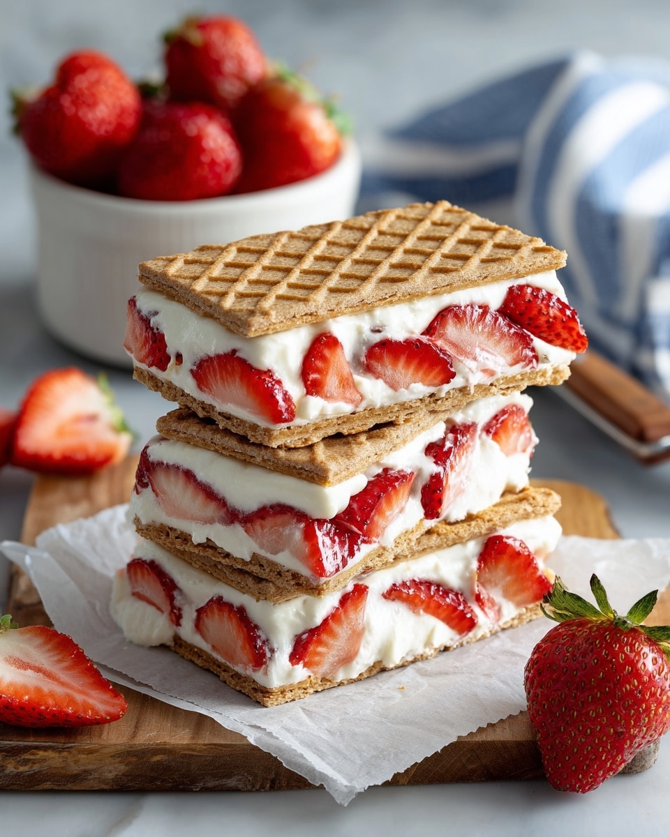 The image shows three rectangular ice cream sandwiches stacked on white parchment paper on a wooden board. Each sandwich has three visible layers: the top and bottom layers are golden-brown cookies with a textured pattern, while the middle layer is thick white ice cream mixed with chunks of red strawberries evenly spread inside. The cookies have a slightly rough texture, and the ice cream appears smooth and creamy. In the background, there is a white bowl filled with whole strawberries and some parts of strawberries scattered around. The entire scene is set against a white marbled texture surface, with a blue and white striped cloth slightly blurred behind. Photo taken with an iphone --ar 4:5 --v 7