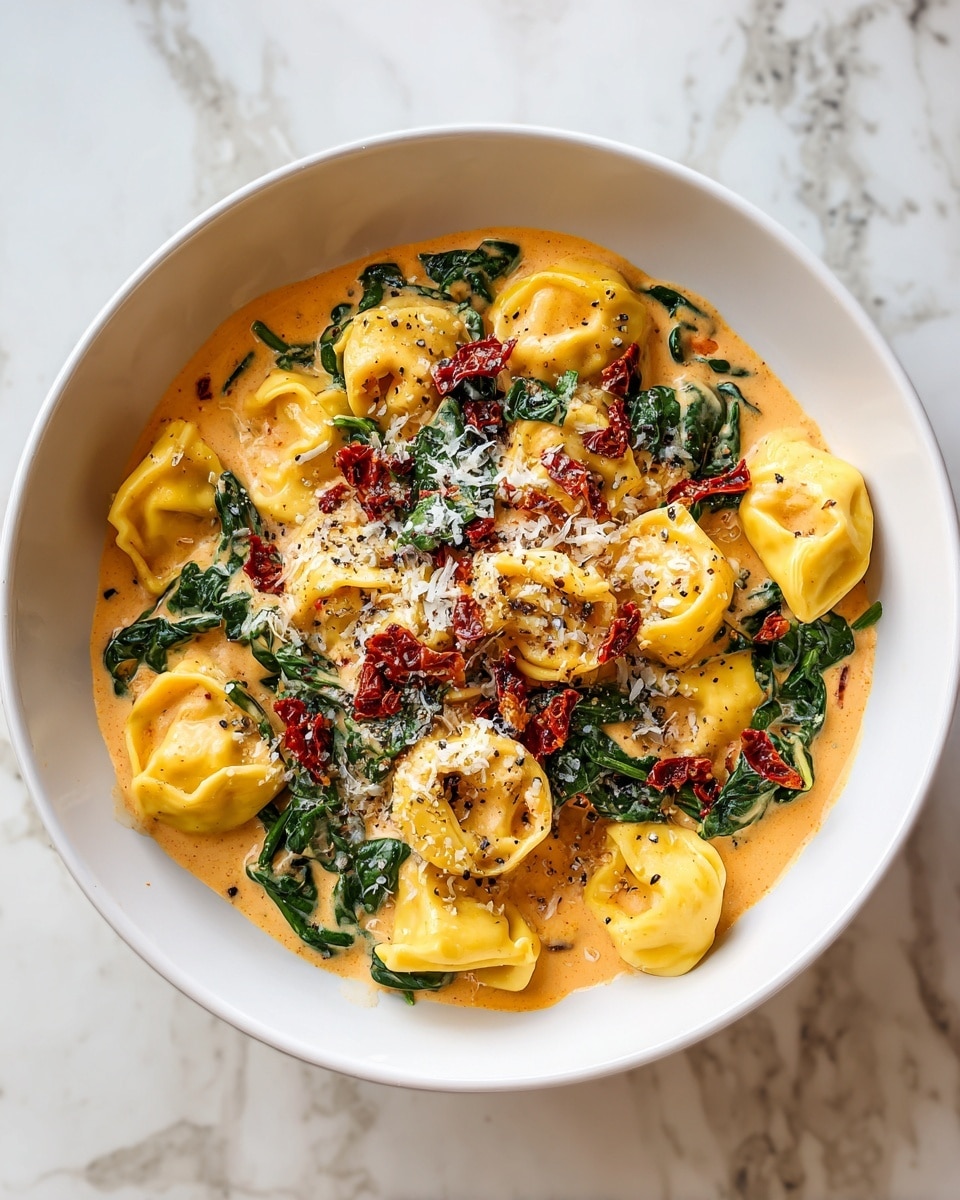 The dish shows about three layers: the first layer is creamy sauce with a light orange color and smooth, slightly thick texture that fills the bowl; the second layer consists of pasta tortellini, pale yellow with soft folds, arranged evenly around the bowl; the third layer includes scattered dark green spinach leaves and small pieces of dark red sun-dried tomatoes, adding texture and contrast; the dish is topped with a light sprinkle of grated white cheese and black pepper flakes, giving a finishing touch; all contained in a white bowl set on a white marbled textured surface. photo taken with an iphone --ar 4:5 --v 7