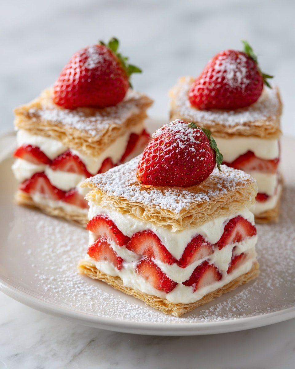 Three strawberry cream puff pastries are arranged on a white square plate resting on a white marbled surface. Each pastry has three visible layers: the bottom and top layers are golden-brown, flaky puff pastry dusted generously with white powdered sugar. Between the puff pastry layers is a thick, smooth white cream layer with bright red, thinly sliced strawberries nestled inside. On top of each pastry sits a whole, fresh strawberry with green leaves, also lightly dusted with powdered sugar. The overall look is fresh, light, and inviting. Photo taken with an iphone --ar 4:5 --v 7