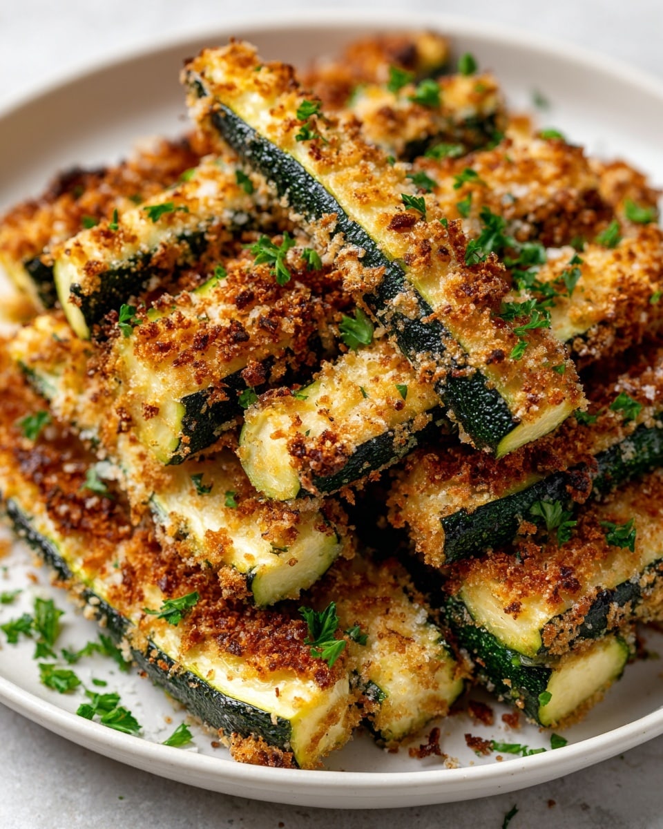A white plate holds a stack of ten zucchini sticks. Each stick is coated with a golden-brown, crispy breadcrumb layer that is unevenly toasted, showing some darker burnt spots. The zucchini skin is dark green along the edges, while the cut inner part is light yellow and soft-looking. Fresh green parsley bits are scattered on top of the sticks, adding a touch of color contrast. The zucchini sticks are arranged slightly messy but mostly parallel, filling the center of the plate. The photo taken with an iphone --ar 4:5 --v 7