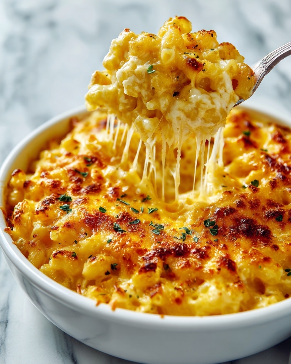 A close-up view of a baked macaroni and cheese dish in a white bowl, showing many small pasta tubes covered with a thick layer of melted yellow cheese. The cheese on top is golden-brown and slightly crispy with some small green herb sprinkles scattered across the surface. A spoon lifts a portion from the center, stretching gooey, creamy cheese strands downward, highlighting the creamy texture underneath the browned top. The background has a blurred white marbled texture. photo taken with an iphone --ar 4:5 --v 7