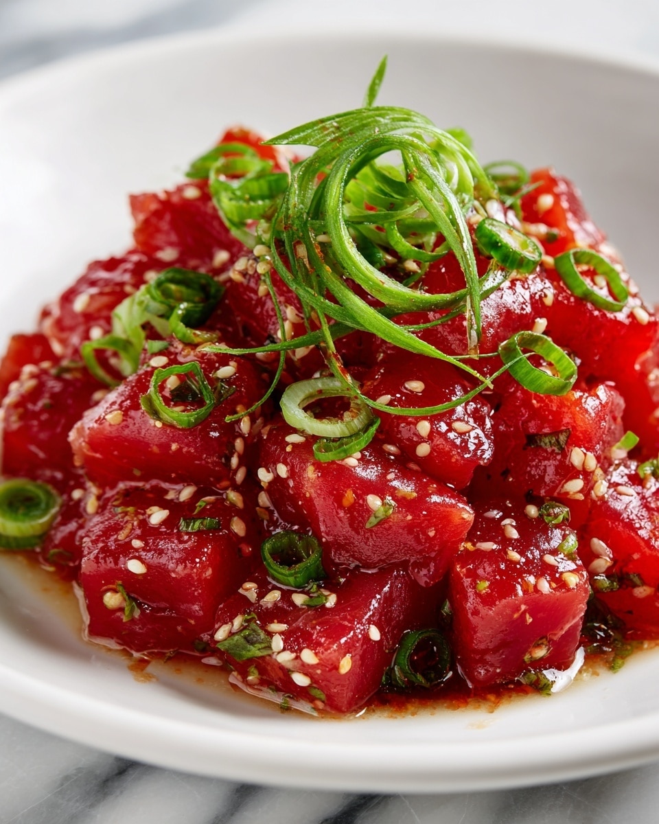 The image shows a close-up of a raw tuna poke bowl with a mix of bright red, cubed tuna pieces piled high on a white plate. The tuna has a glossy, slightly wet texture, sprinkled with small bits of sesame seeds and finely chopped green onions. Thin, curled green onion strips sit on top, adding a fresh green color contrast. The plate rests on a white marbled surface, and the overall look is fresh and vibrant with a mix of reds and greens. Photo taken with an iphone --ar 4:5 --v 7
