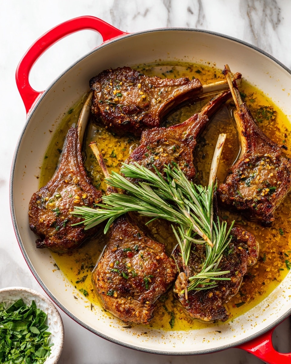 The image shows a close-up of six cooked lamb chops placed randomly in a white pot filled with golden-brown sauce sprinkled with spices. The lamb chops have a seared dark brown outer layer and tender pinkish middle visible near the bones. Fresh green rosemary sprigs are placed among the lamb chops, adding a pop of color, while the bones stick out at different angles, adding texture. The pot has a red outer edge, and the background is a white marbled texture with a small white bowl of bright green chopped herbs visible in the corner. photo taken with an iphone --ar 4:5 --v 7
