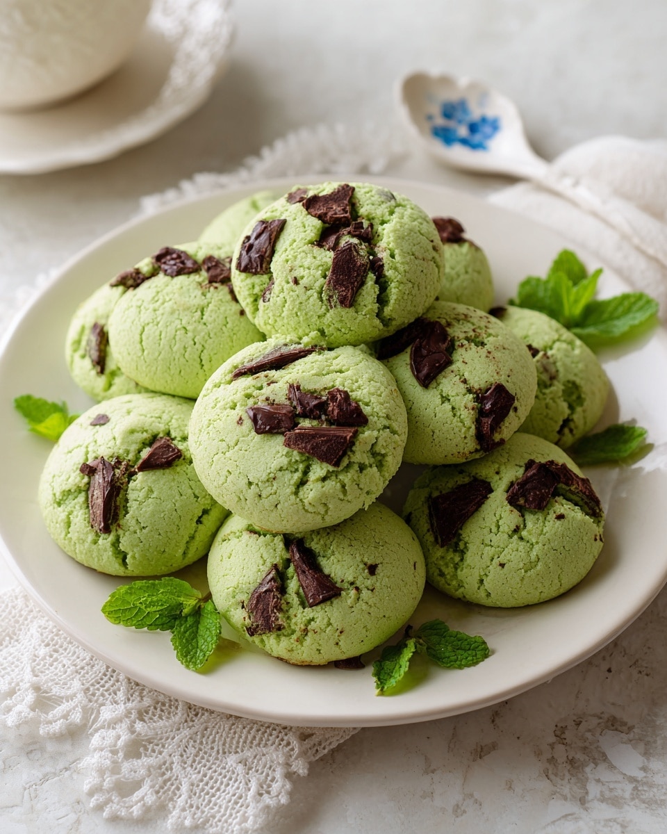 A white plate holds a stack of soft, puffy green cookies with uneven round shapes, each dotted with several chunks of smooth milk chocolate on top and inside. The cookies have a slightly textured surface with gentle cracks showing their softness. Scattered bright green mint leaves sit around the plate, and the plate is placed on a white marbled surface. A white crocheted cloth and a white and blue patterned spoon are partially visible near the edge of the plate. Photo taken with an iphone --ar 4:5 --v 7